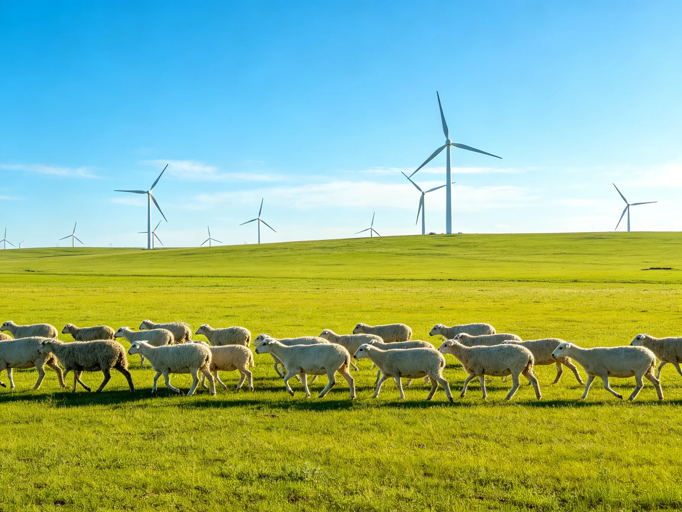 Sheep herd on lush green field with wind turbines