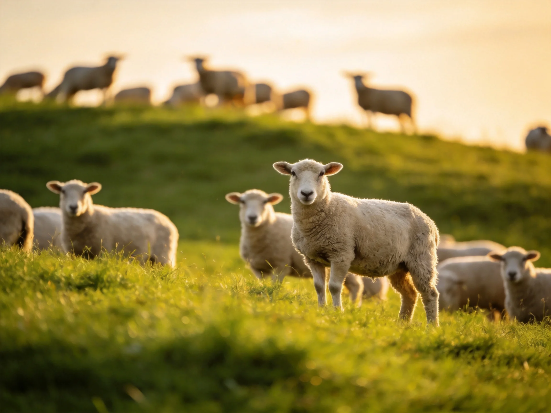 Sheep herd on sun-kissed green hillside during golden hour