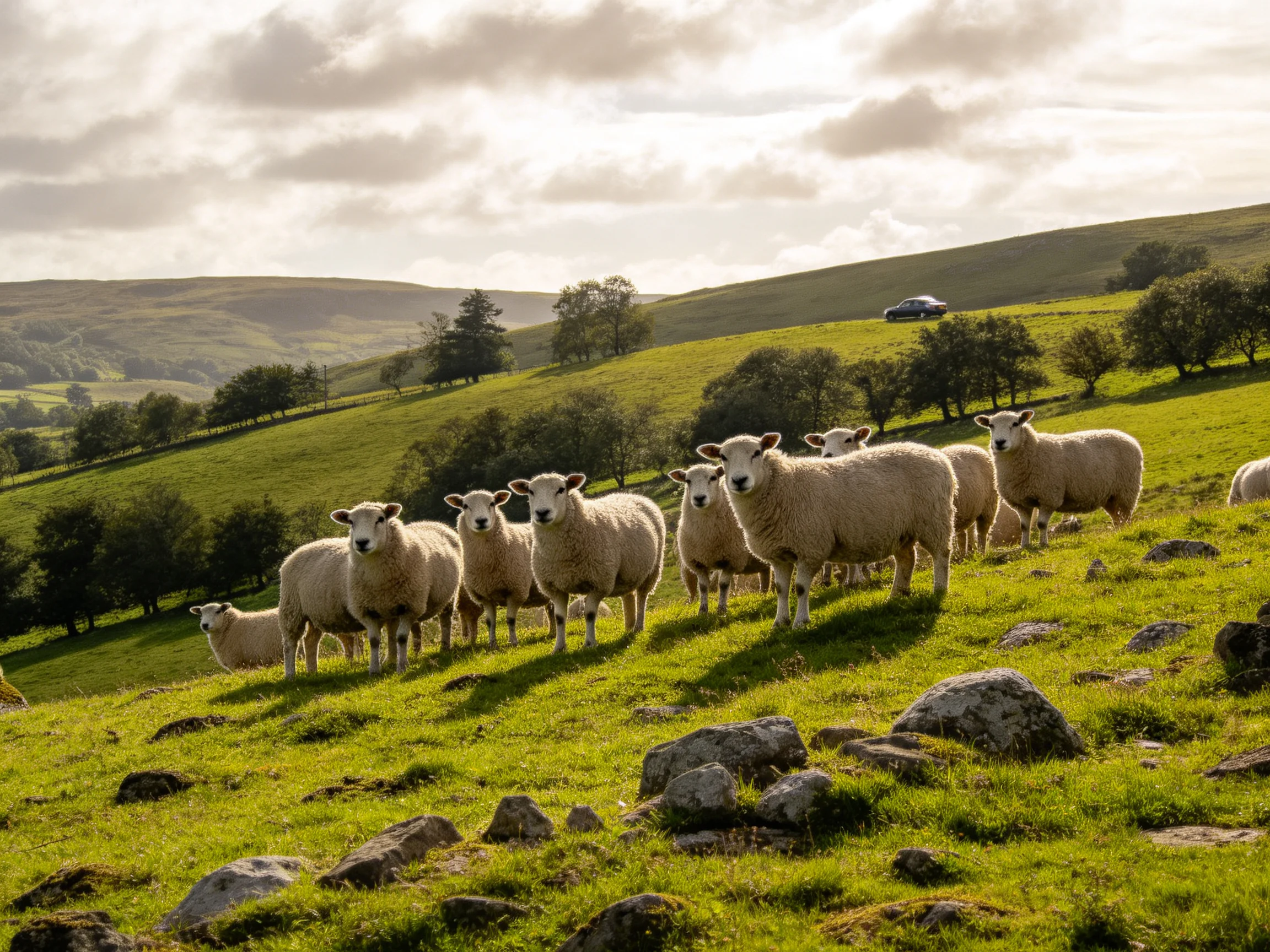 Sheep herd on sunlit rolling green hillside with scattered rocks