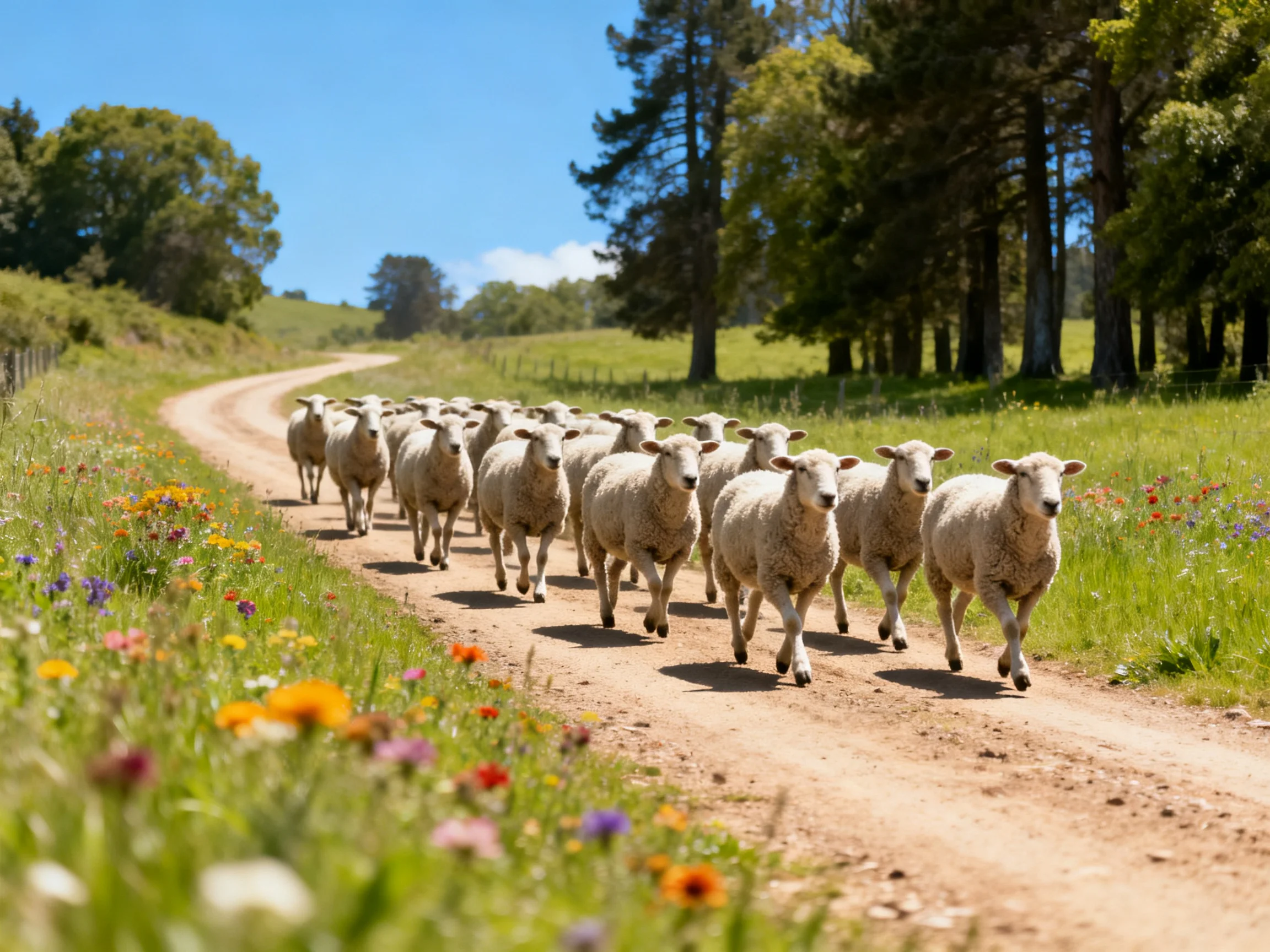 Sheep herd running down a flower-lined dirt road