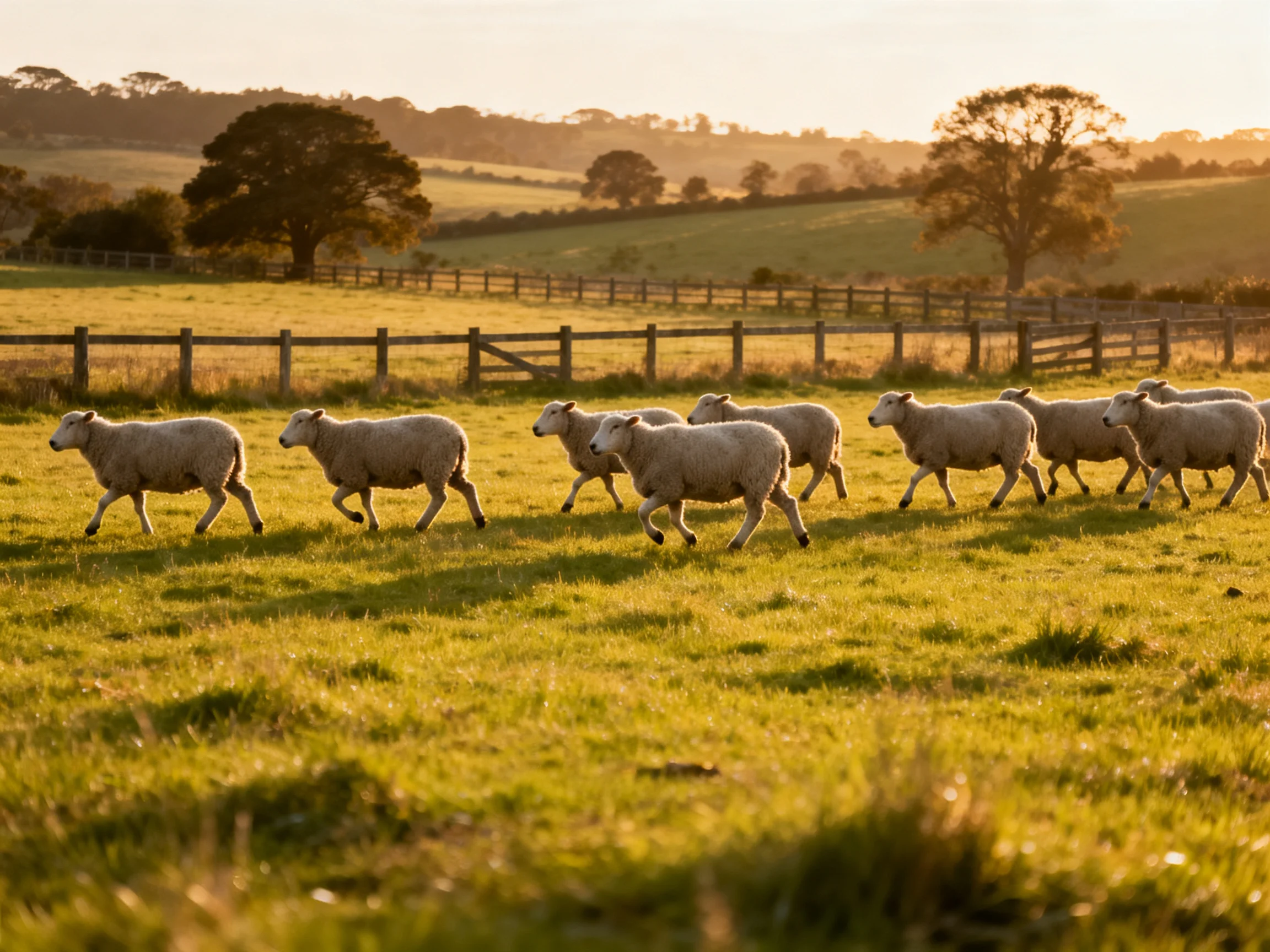 Sheep herd running through golden countryside fields