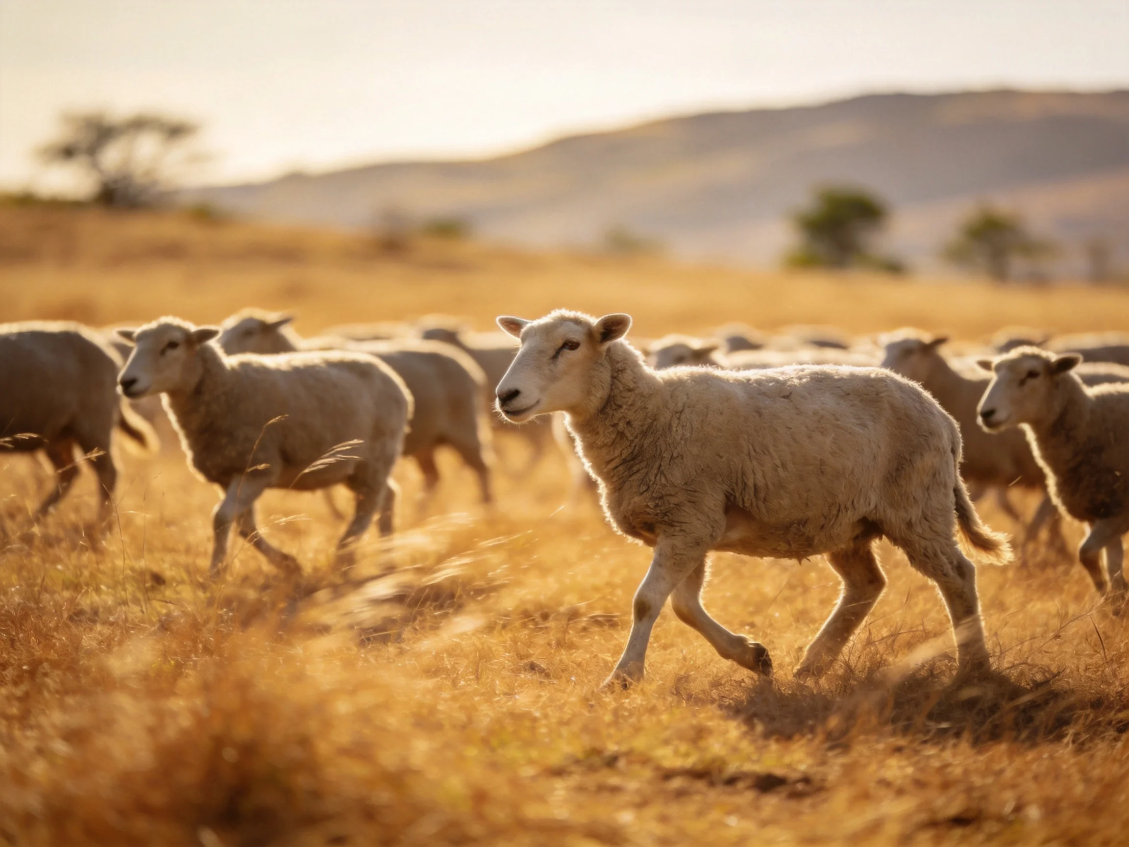 Sheep herd running through golden grassy landscape