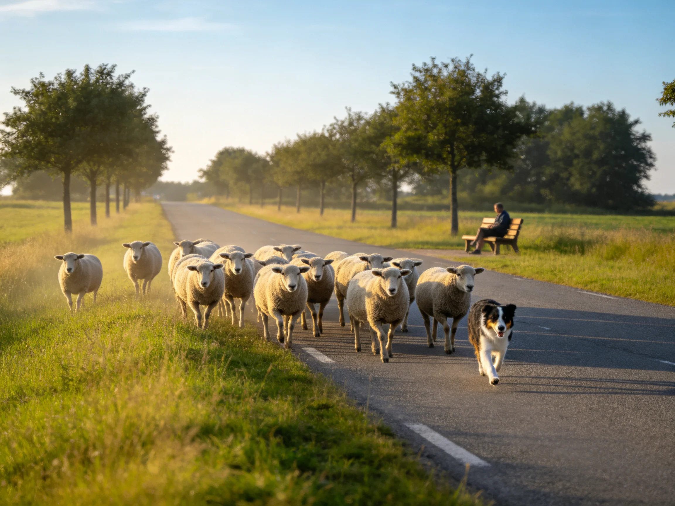 Sheep herd with border collie on paved country road