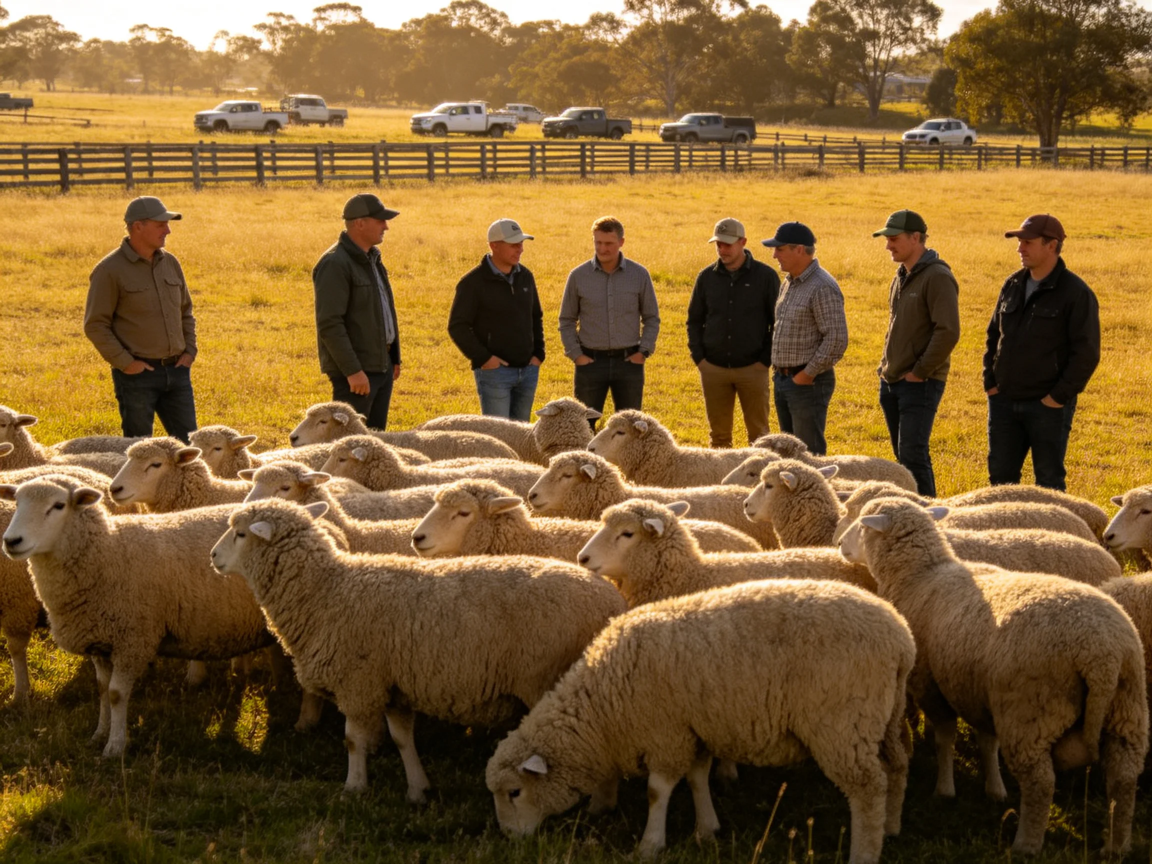 Sheep herders gather near flock in golden pasture