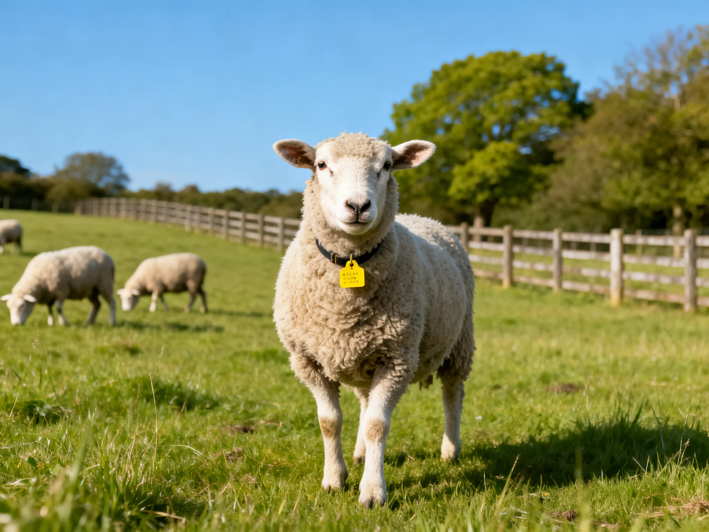 Sheep in a bright green pasture with wooden fencing
