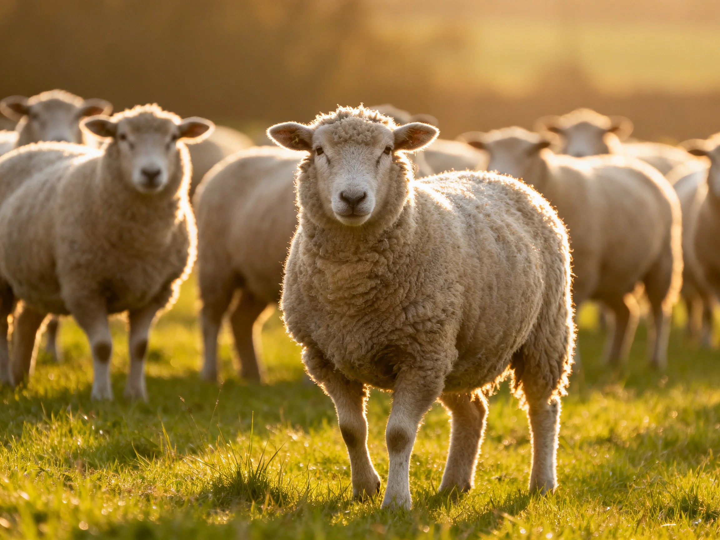 Sheep in a sunlit green pasture with thick wool coats