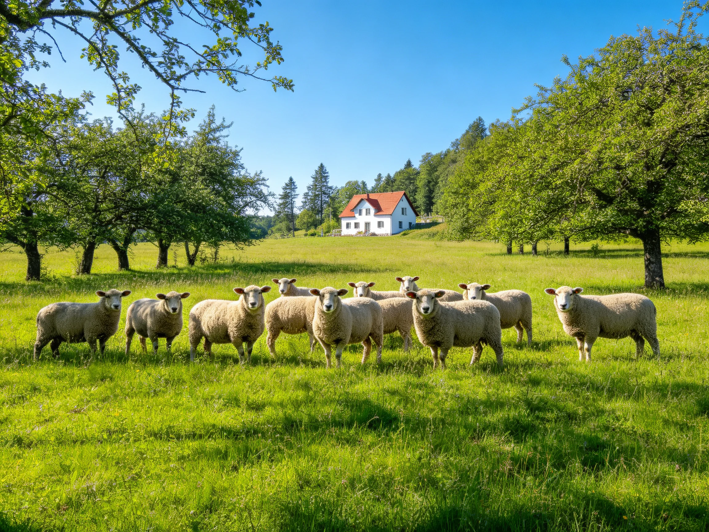 Sheep in a verdant pasture near a white house with red roof