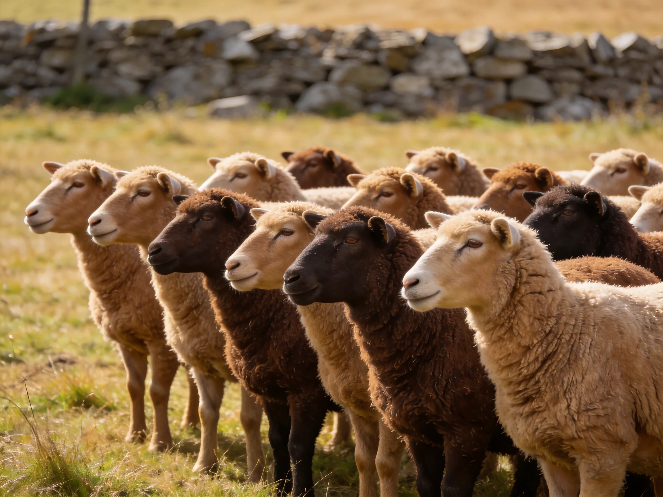 Sheep in tan, brown, and black hues near a stone wall