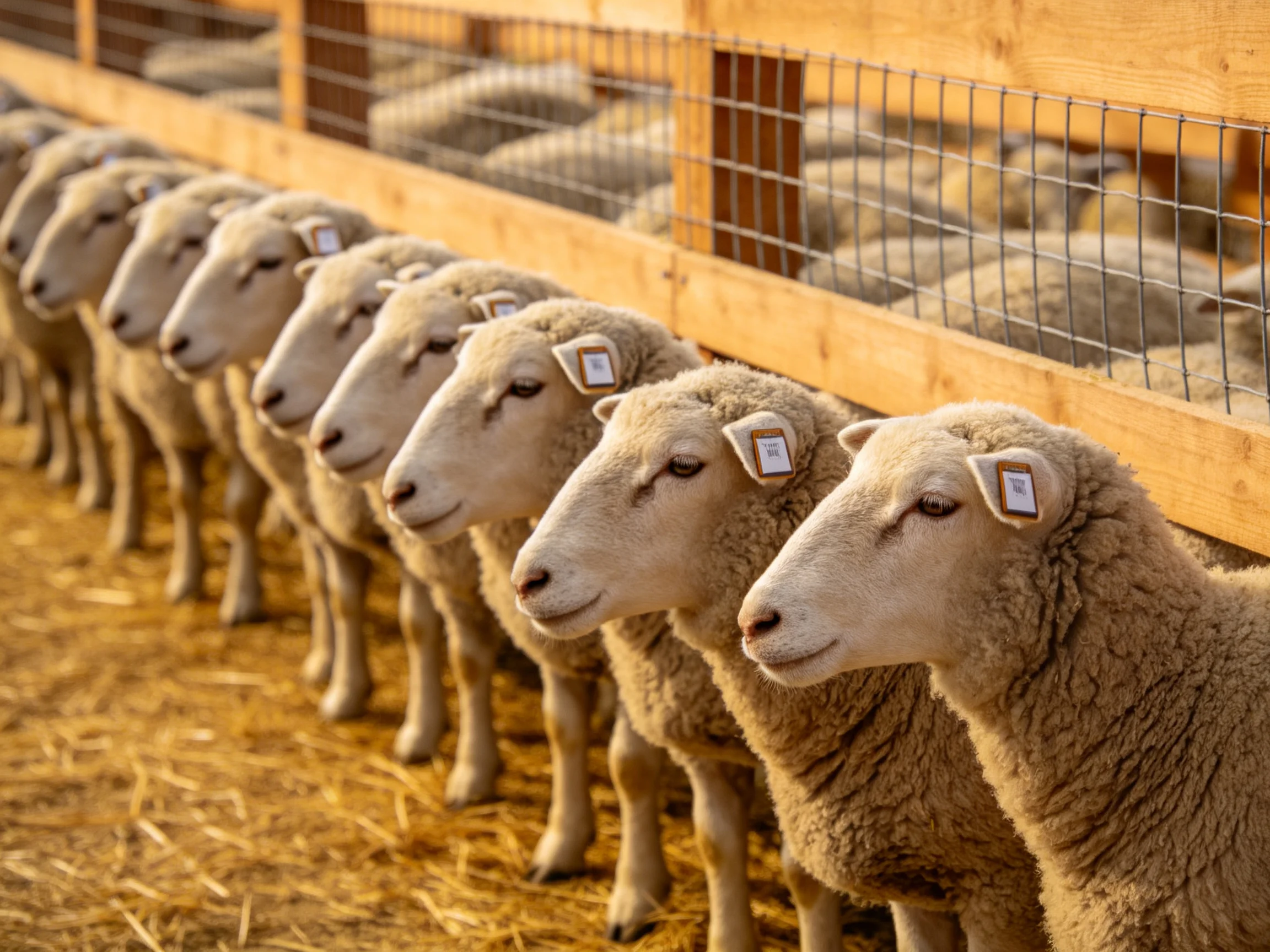 Sheep lined along a wooden fence in a farm enclosure