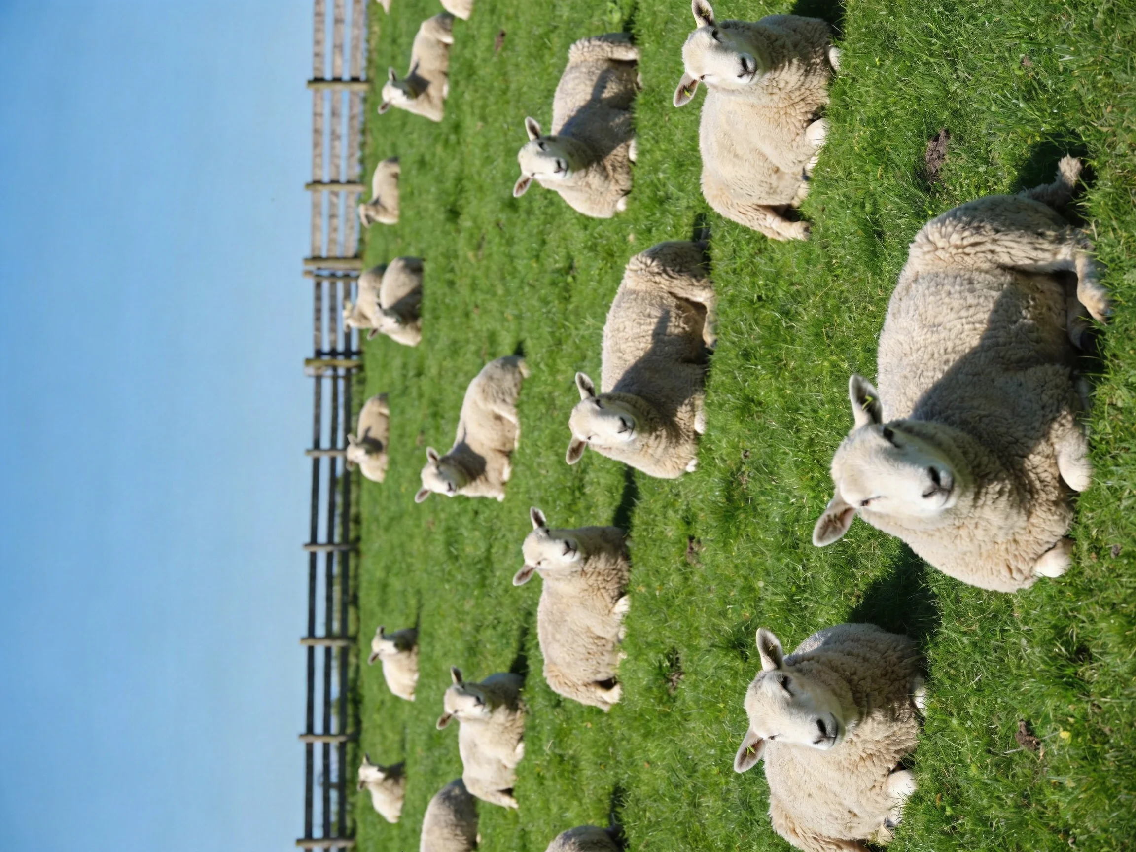 Sheep lounging on vibrant green grass near wooden fence