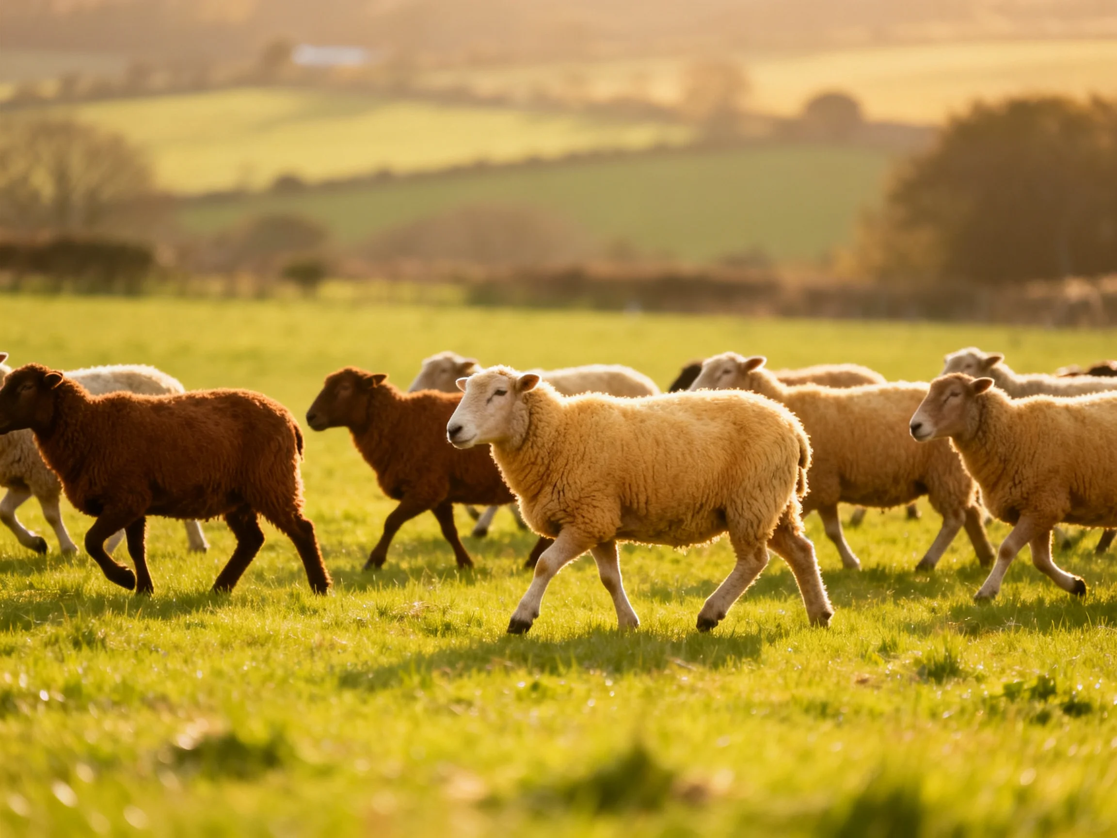 Sheep of brown and cream colors running through a sun-drenched green meadow