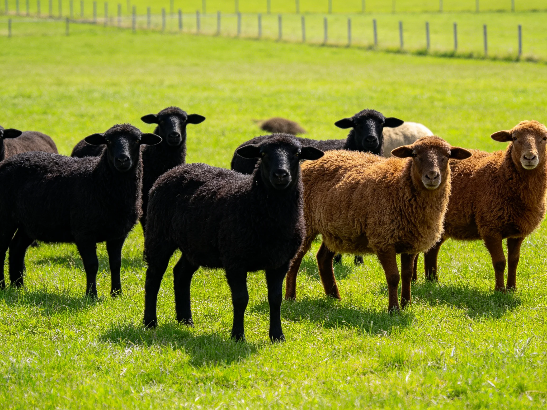 Sheep of diverse colors gather in a sun-drenched green pasture