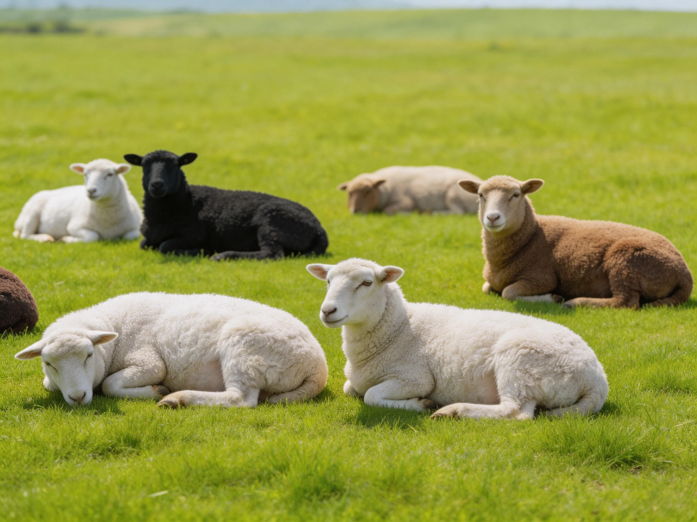 Sheep of diverse colors rest in a verdant pasture
