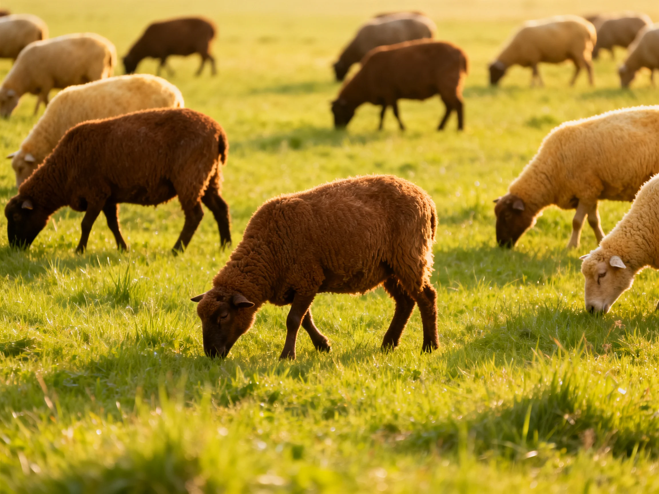 Sheep of various browns and tans graze in a sunlit green meadow