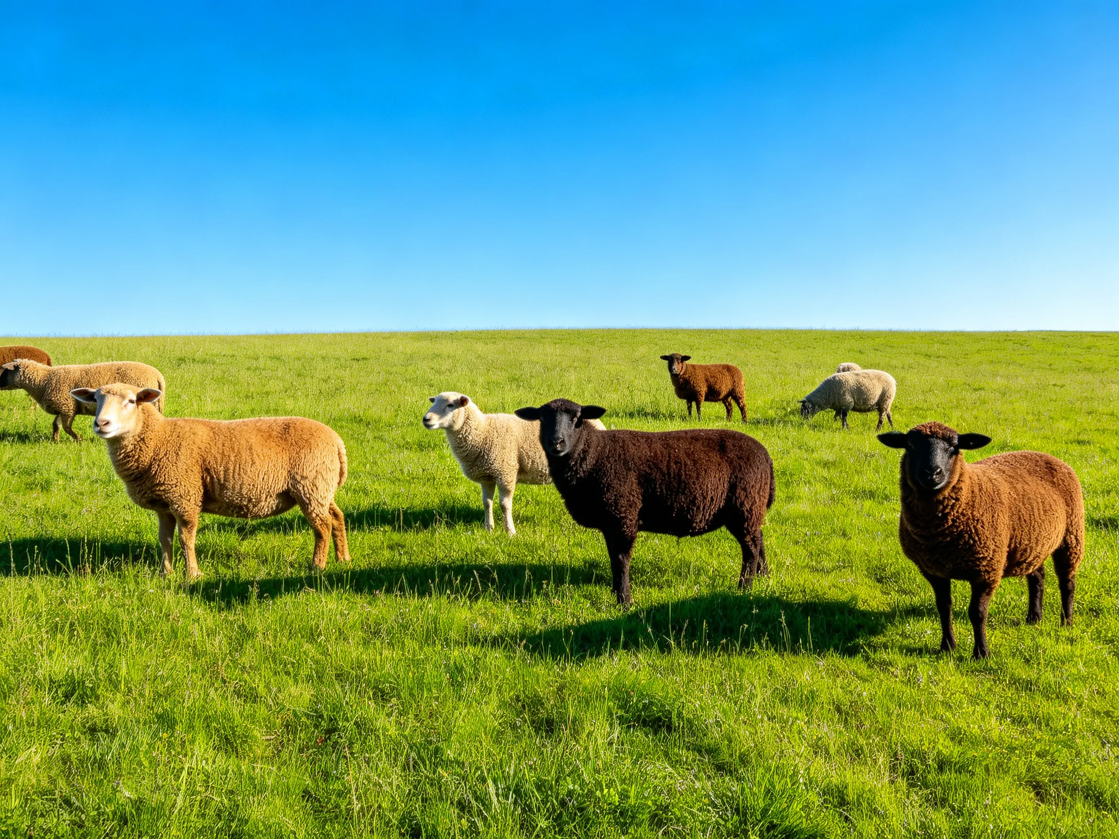 Sheep of various colors graze in a lush green pasture under clear blue skies.