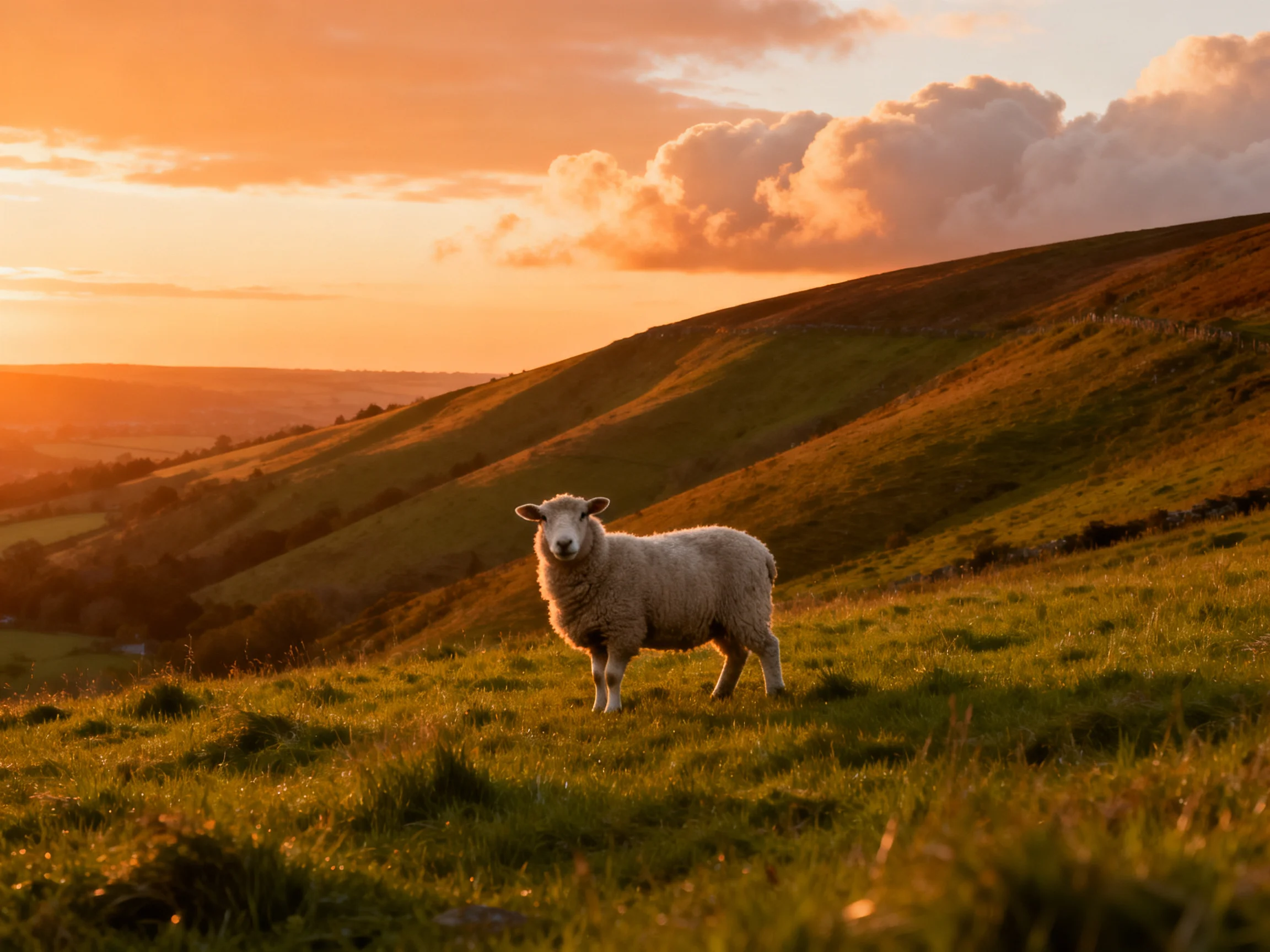 Sheep on a grassy hillside at sunset over rolling hills