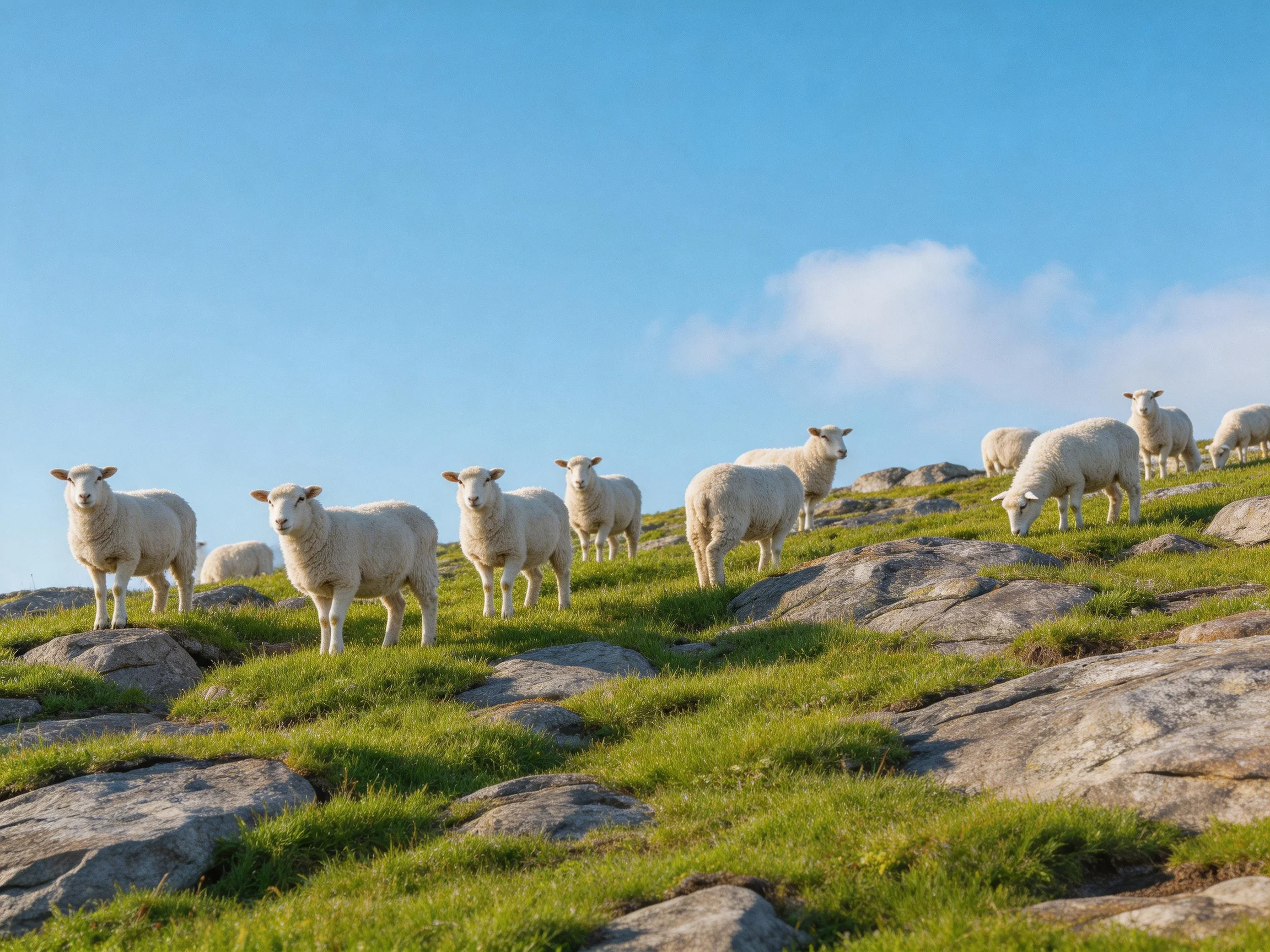 Sheep on a rocky hillside with lush green grass