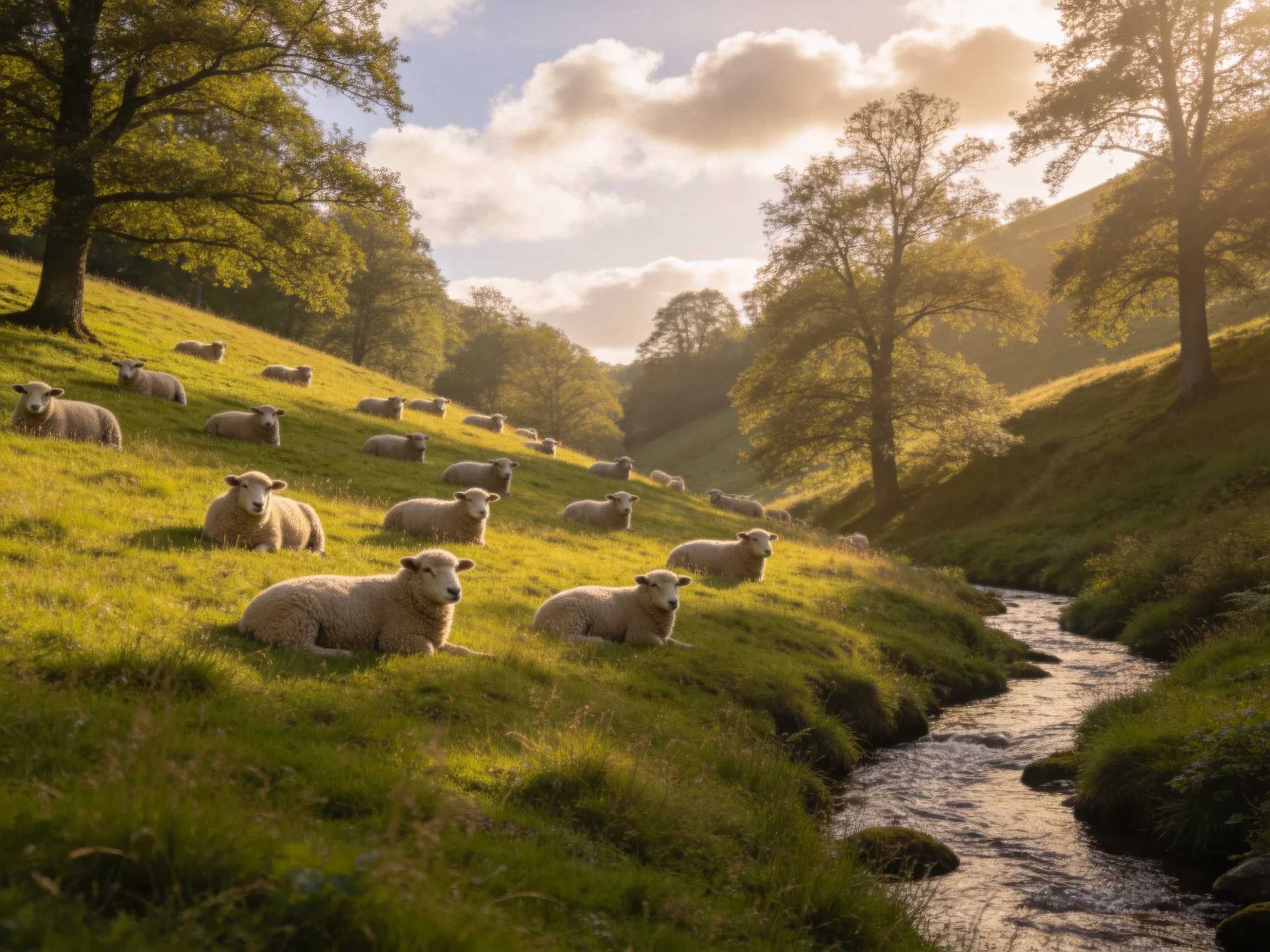 Sheep rest in a sunlit meadow beside a winding stream
