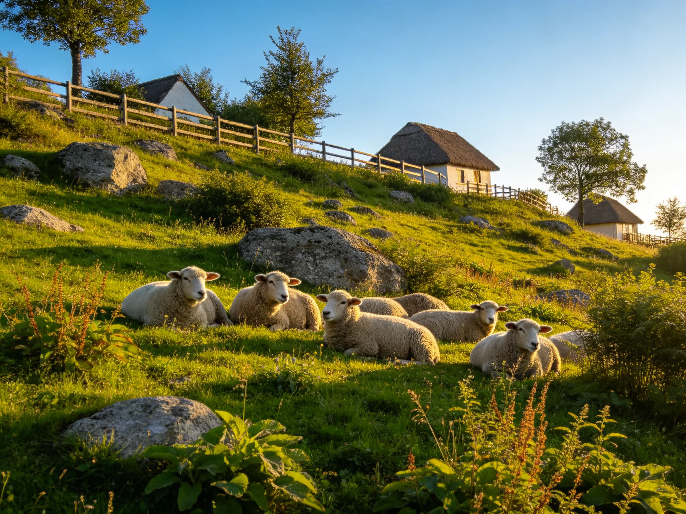 Sheep rest on a sunlit green hillside with rocky terrain and cottages
