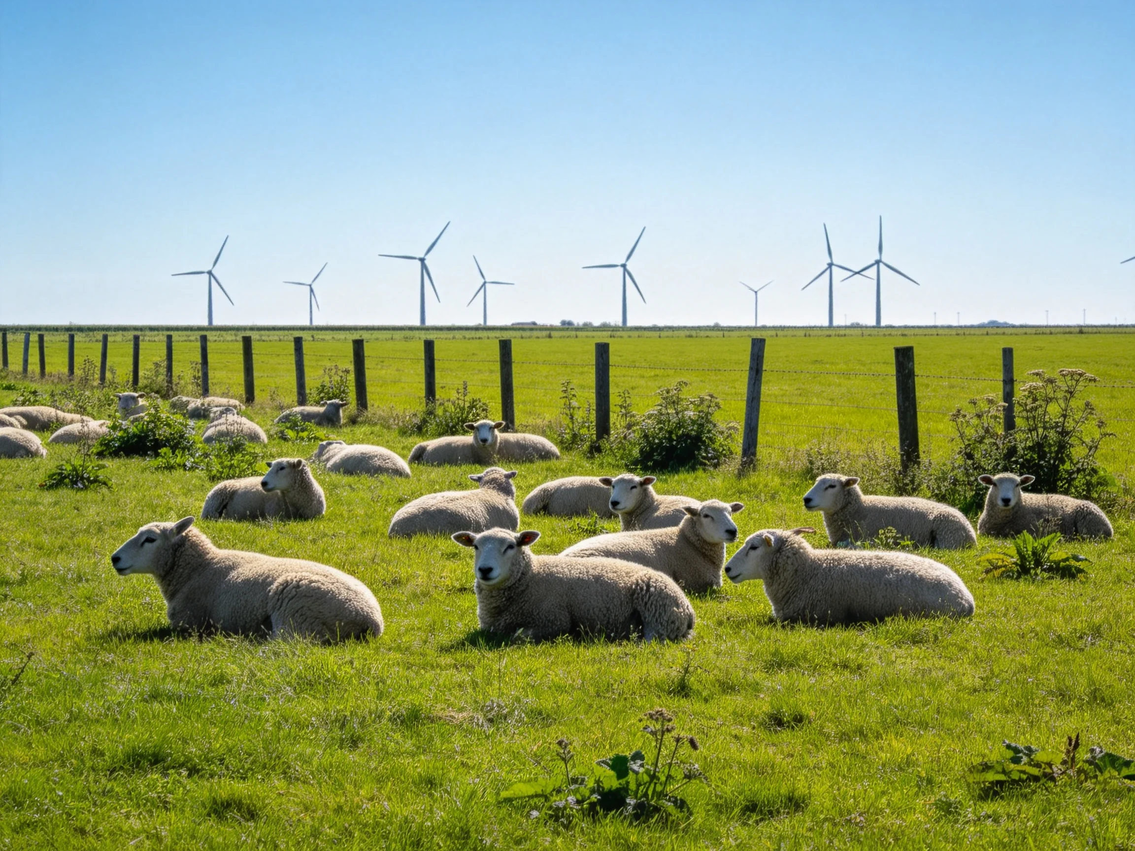 Sheep resting in a lush green field with distant wind turbines
