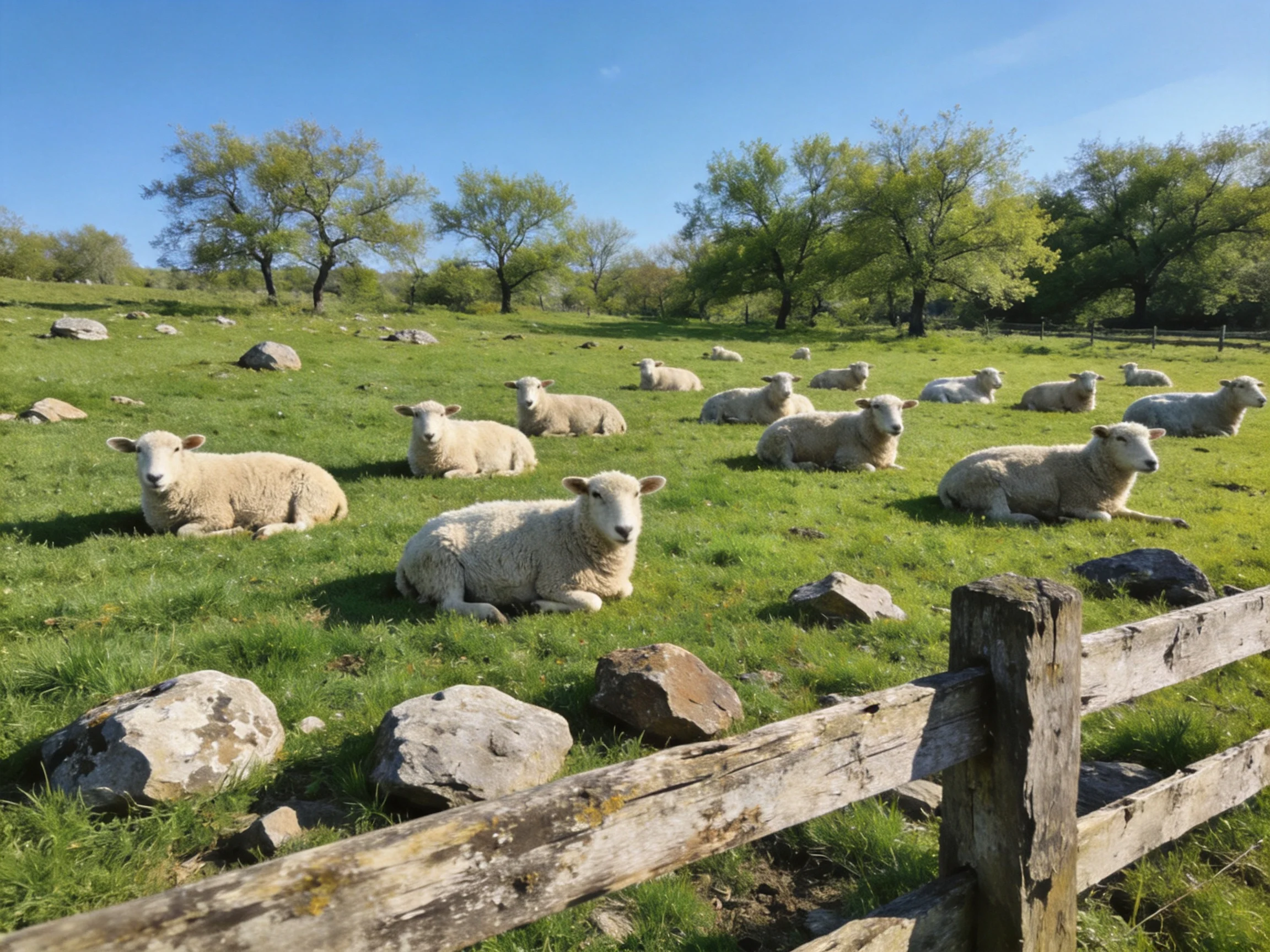 Sheep resting in a lush green pasture near scattered rocks and trees