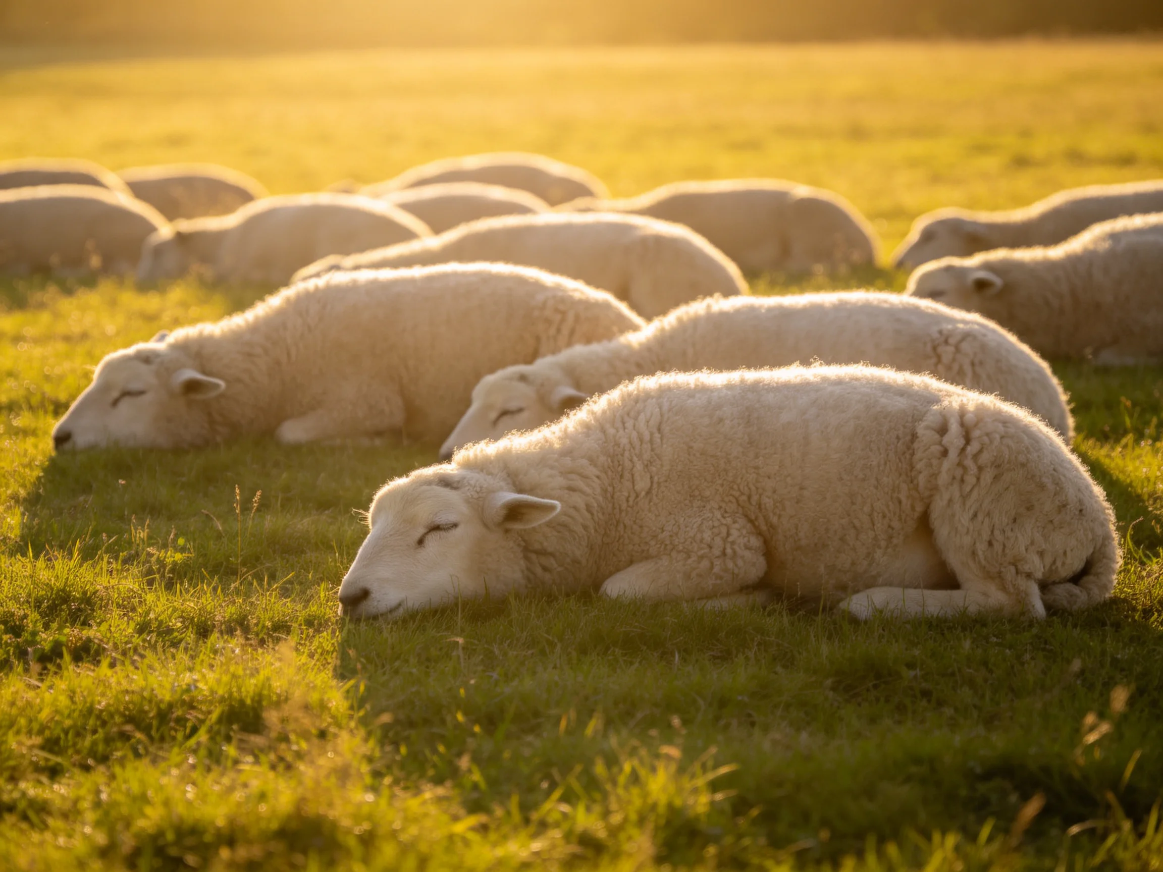 Sheep resting in a sunlit green meadow