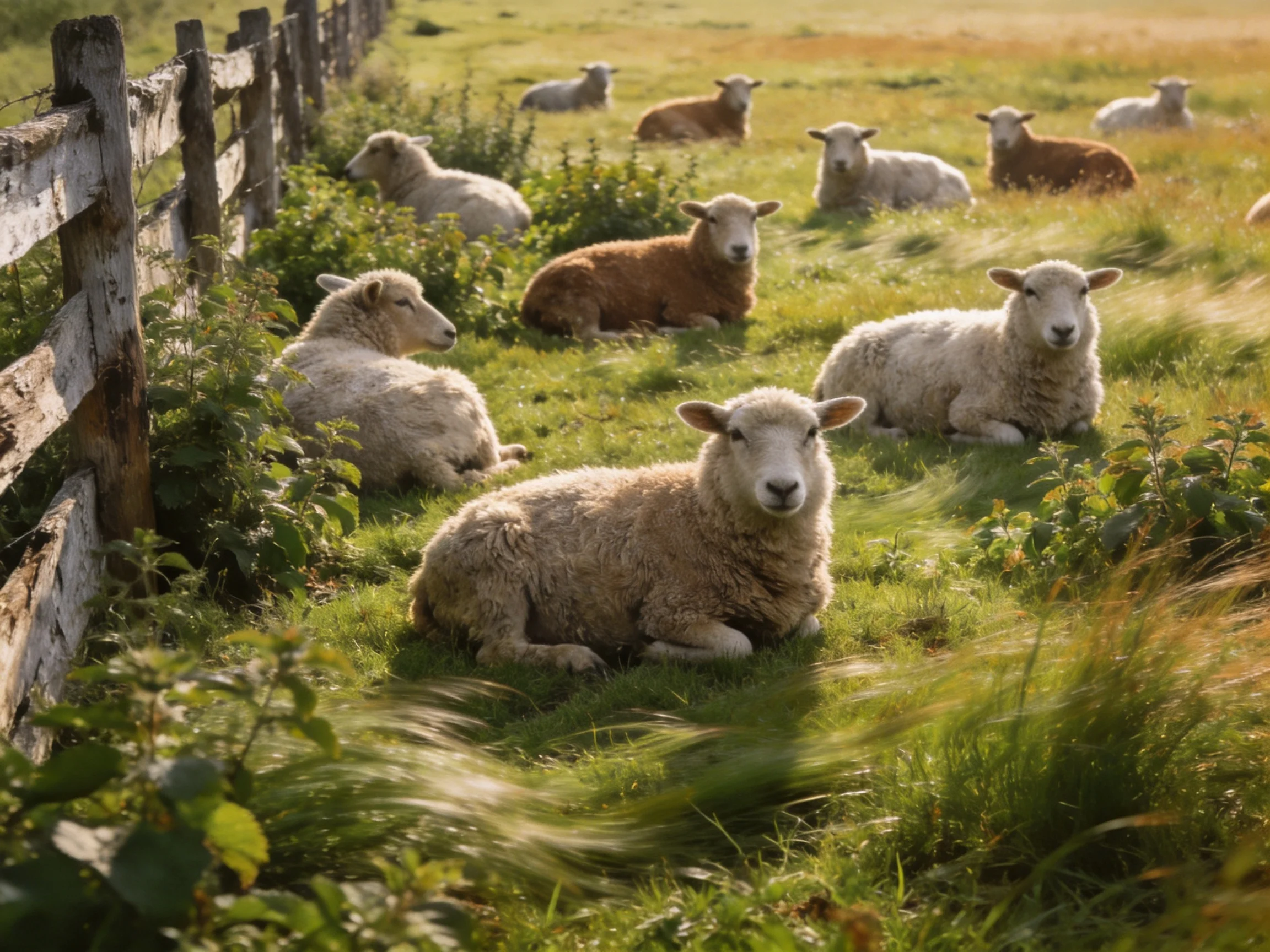Sheep resting in a sunlit green pasture near a weathered wooden fence