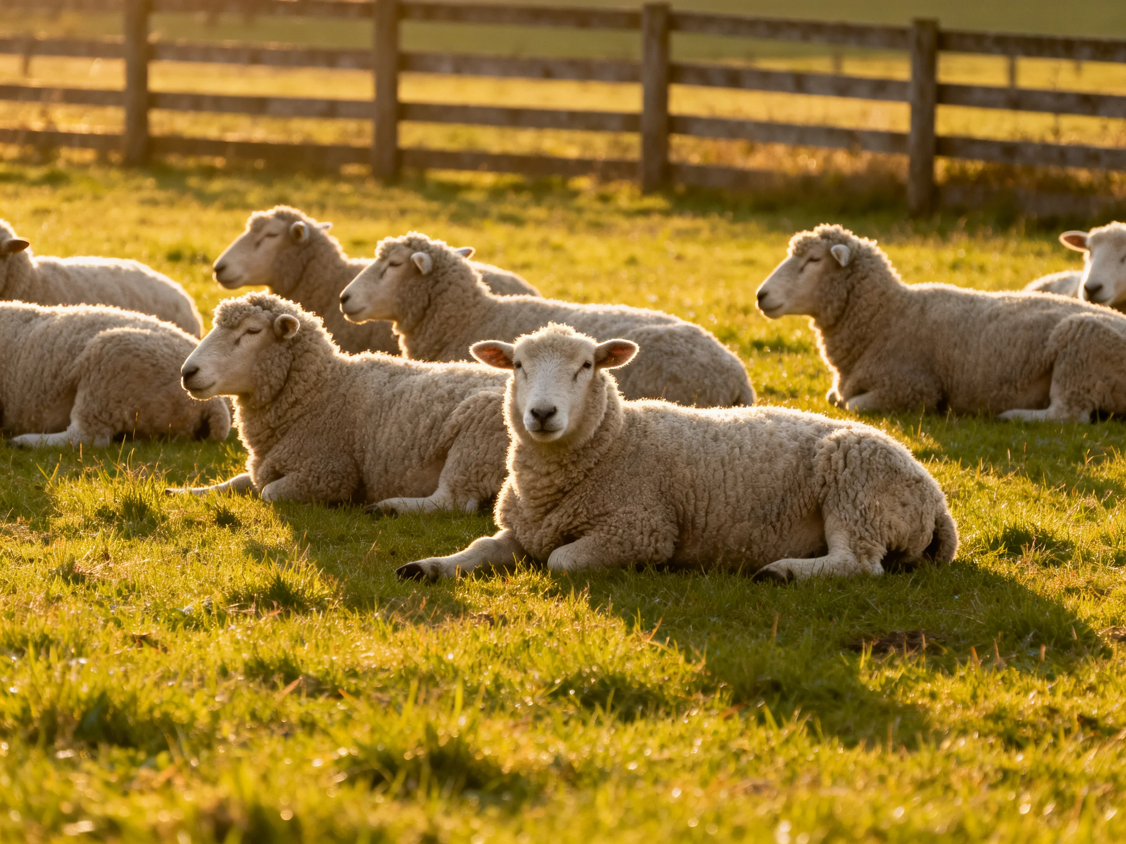 Sheep resting in a sunlit green pasture near wooden fencing