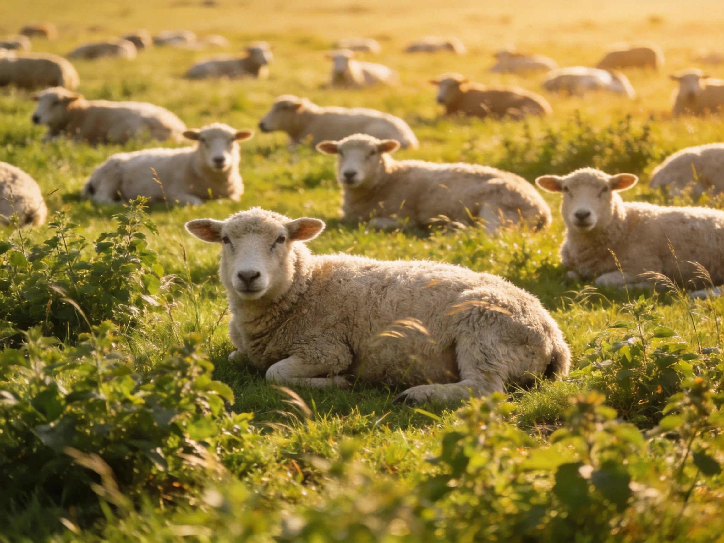 Sheep resting in a sunlit, verdant pasture