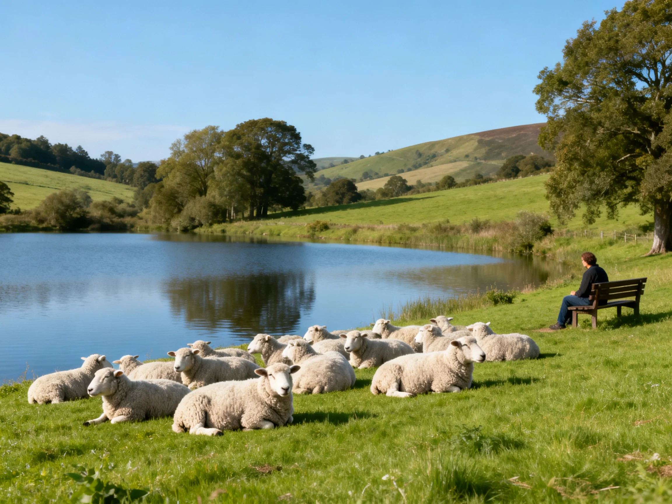 Sheep resting near a calm lake with a person on a bench