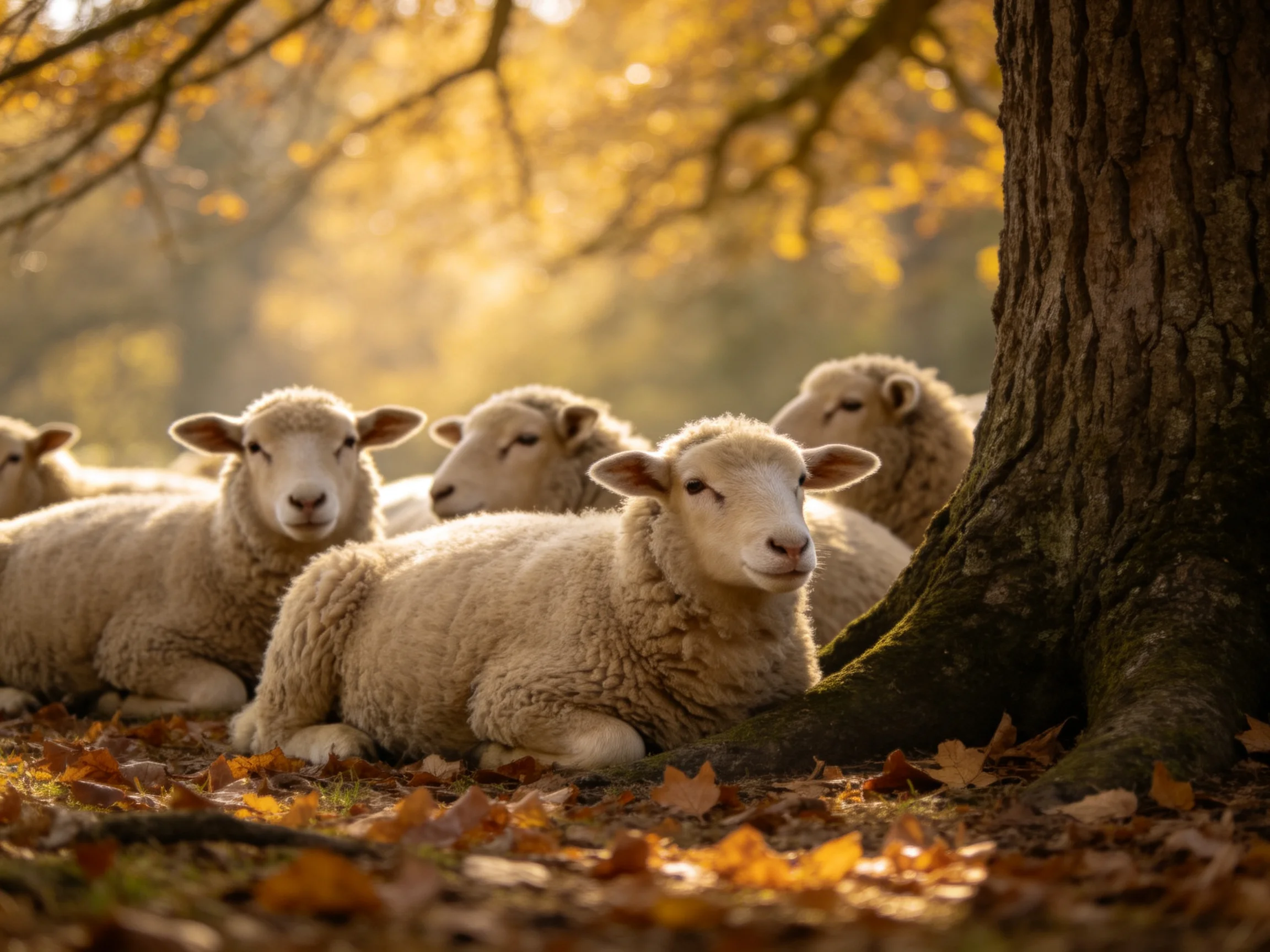 Sheep resting near a large tree in golden autumn light