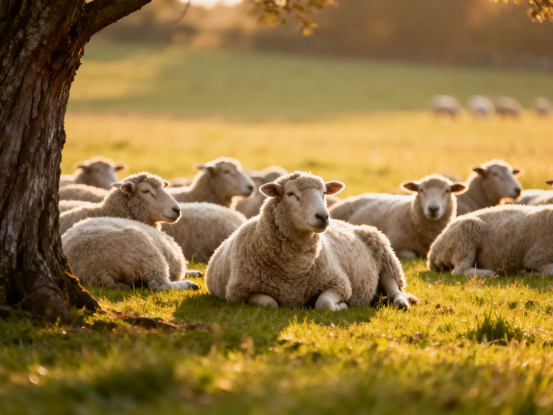 Sheep rest peacefully in a sunlit meadow next to a tree.