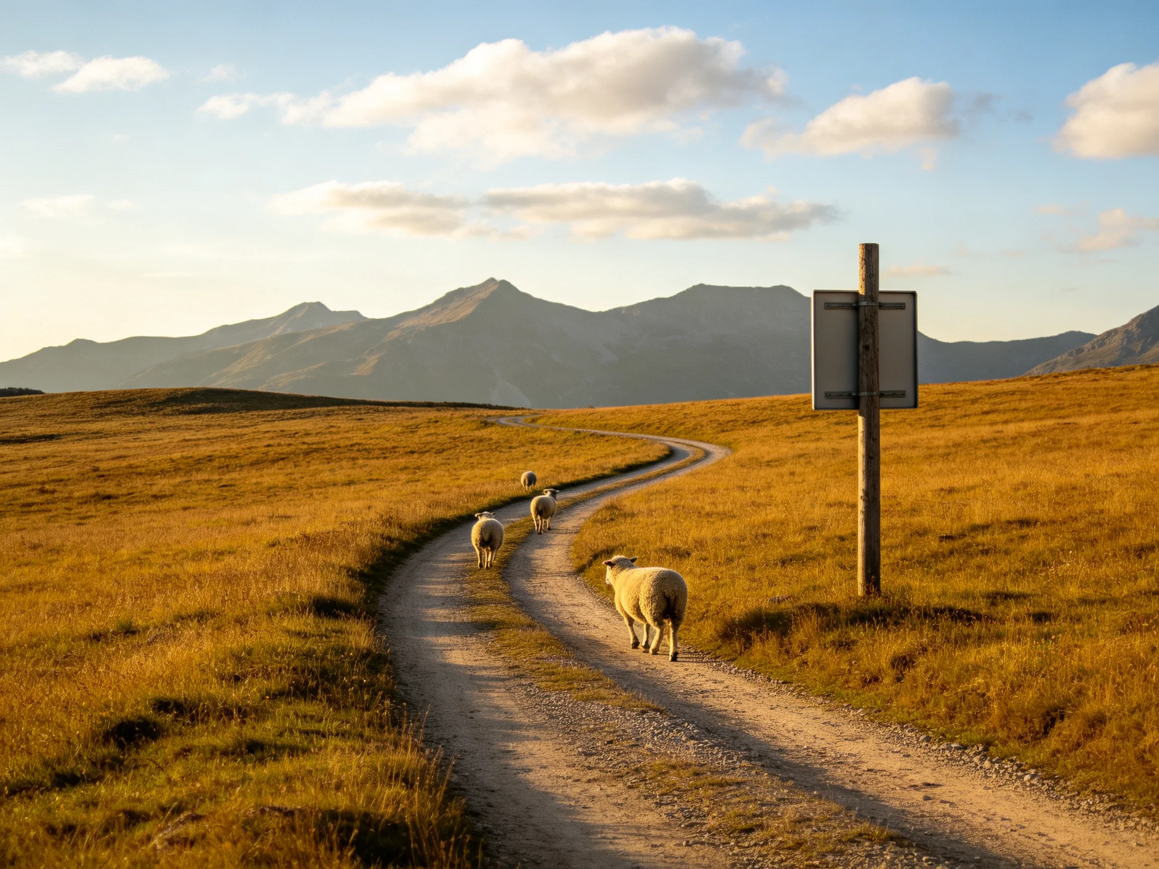 Sheep walk along a winding dirt path through golden fields toward distant mountains