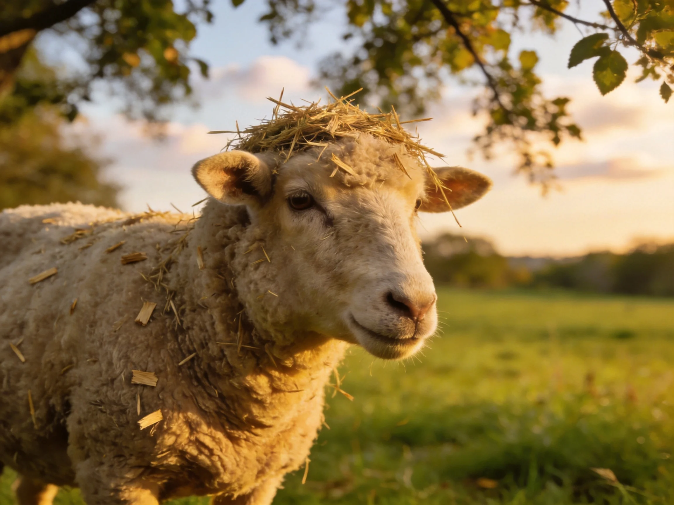 Sheep with hay on head in sunlit pastoral field