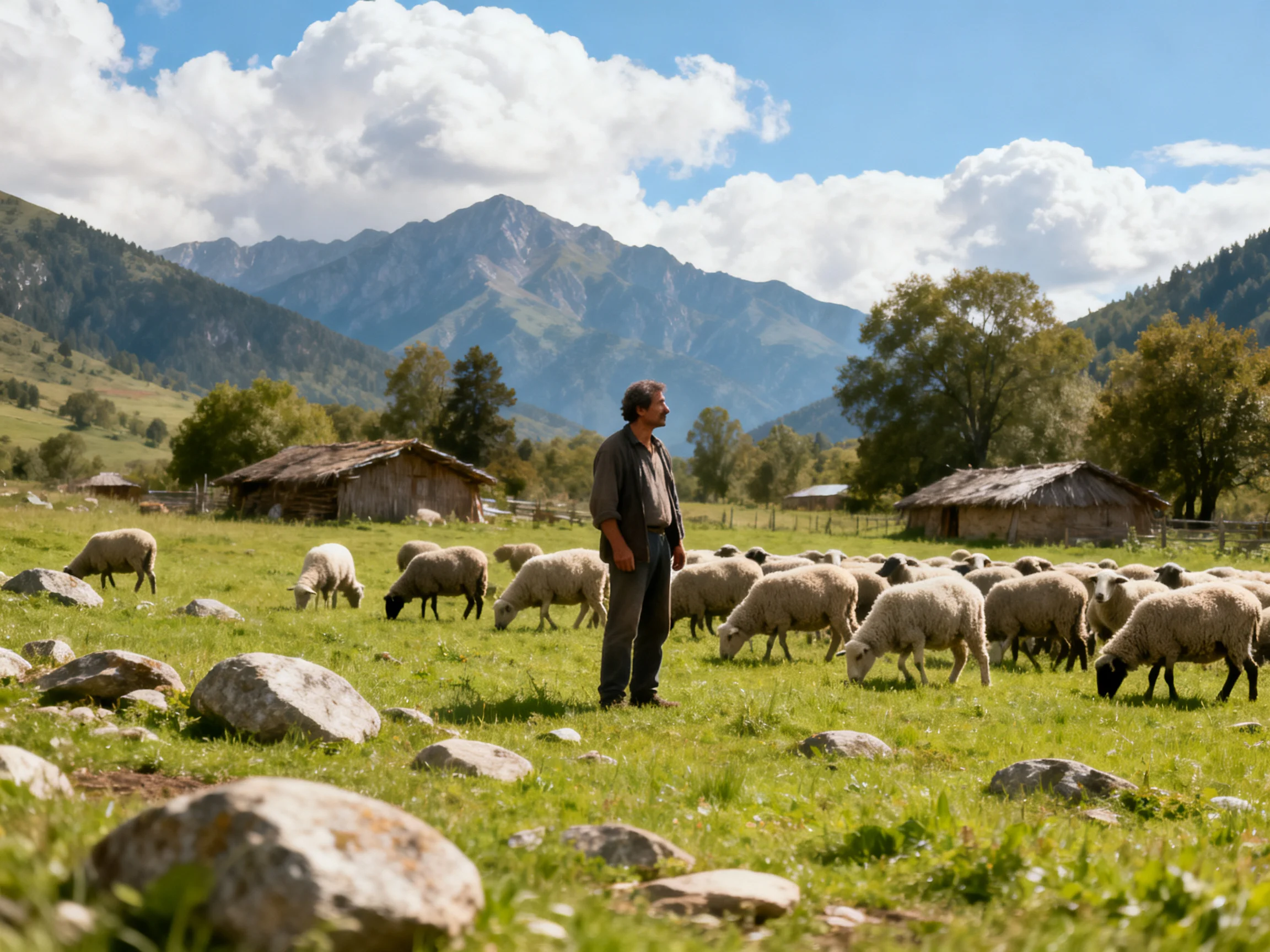 Shepherd Herding Flock of Sheep in Mountainous Meadow