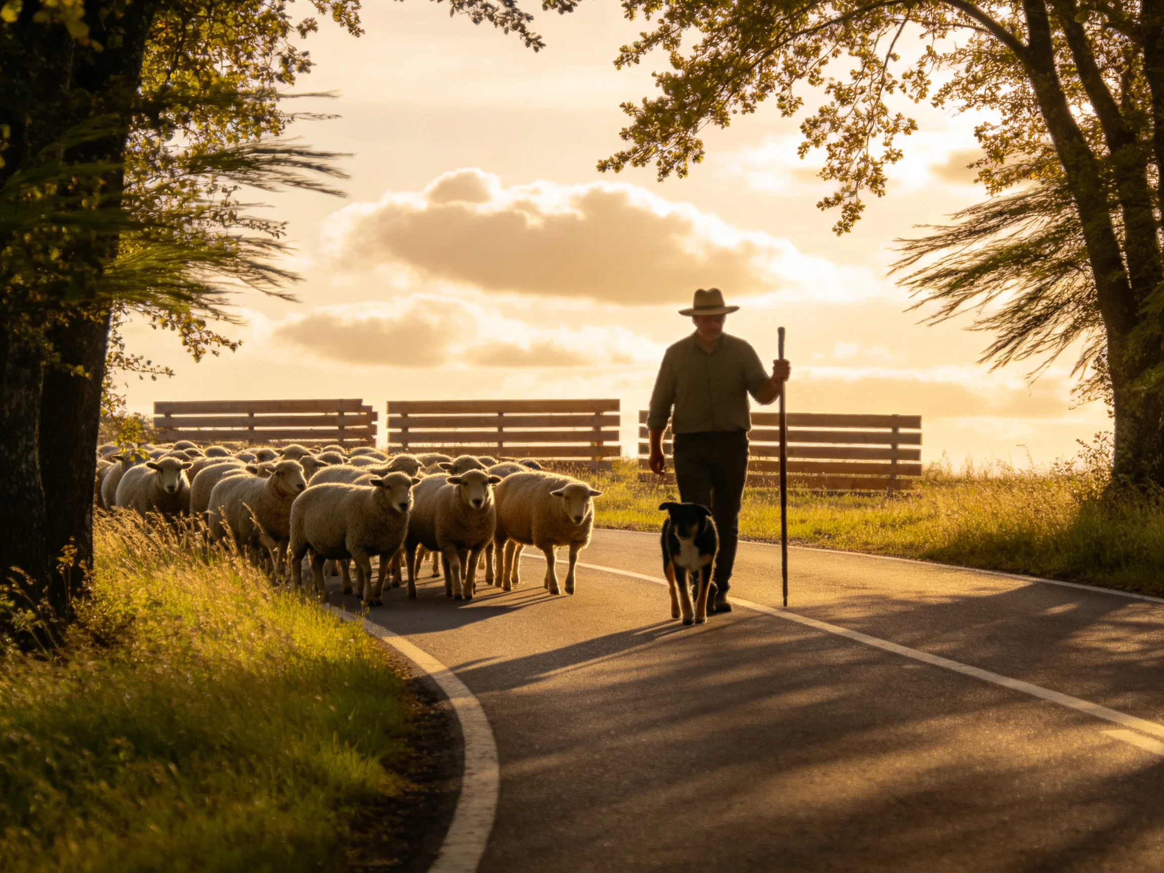 Shepherd Herding Sheep and Dog Along Sunset Road
