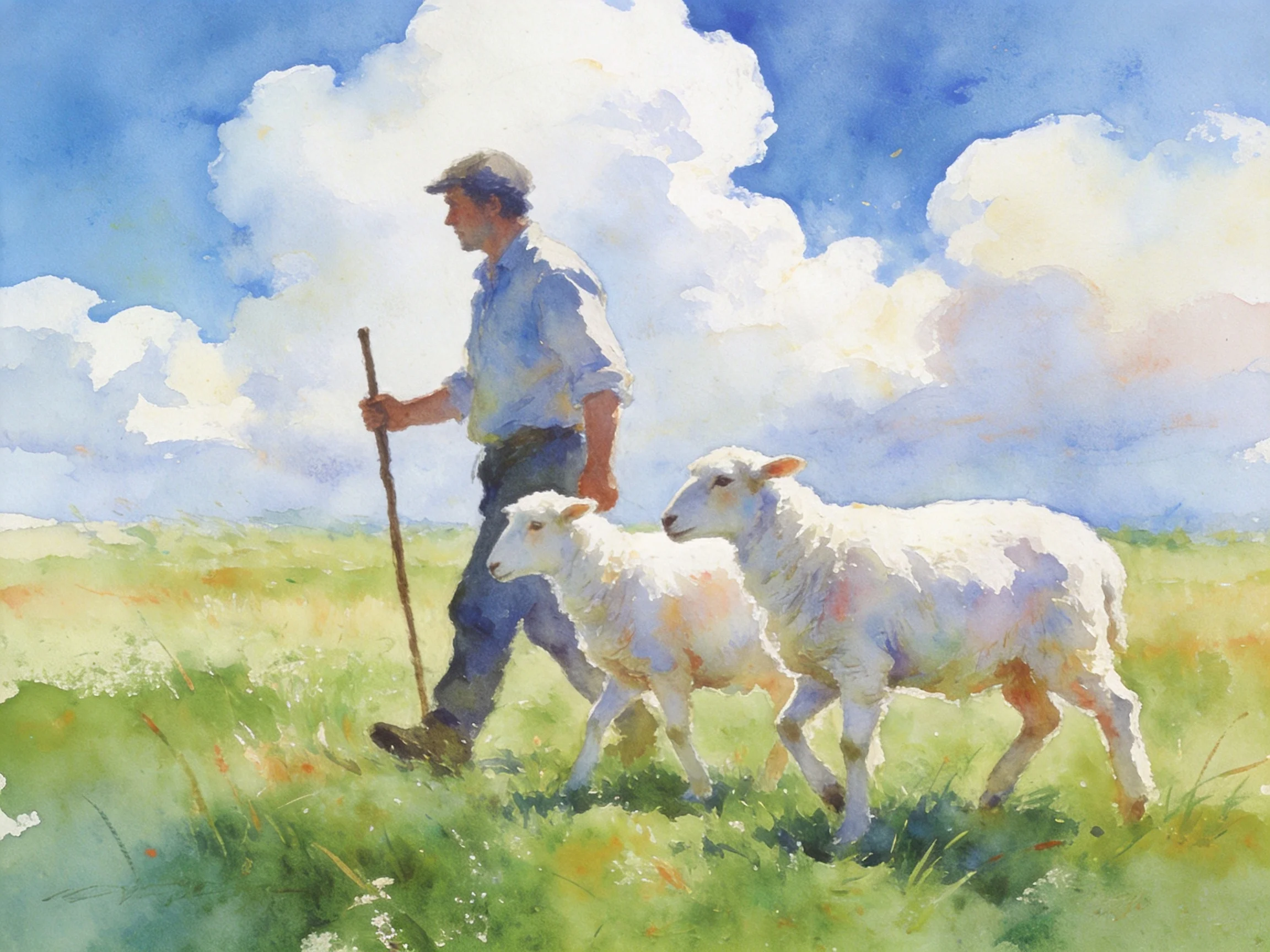 Shepherd Walking With Two Lambs in a Sunlit Field