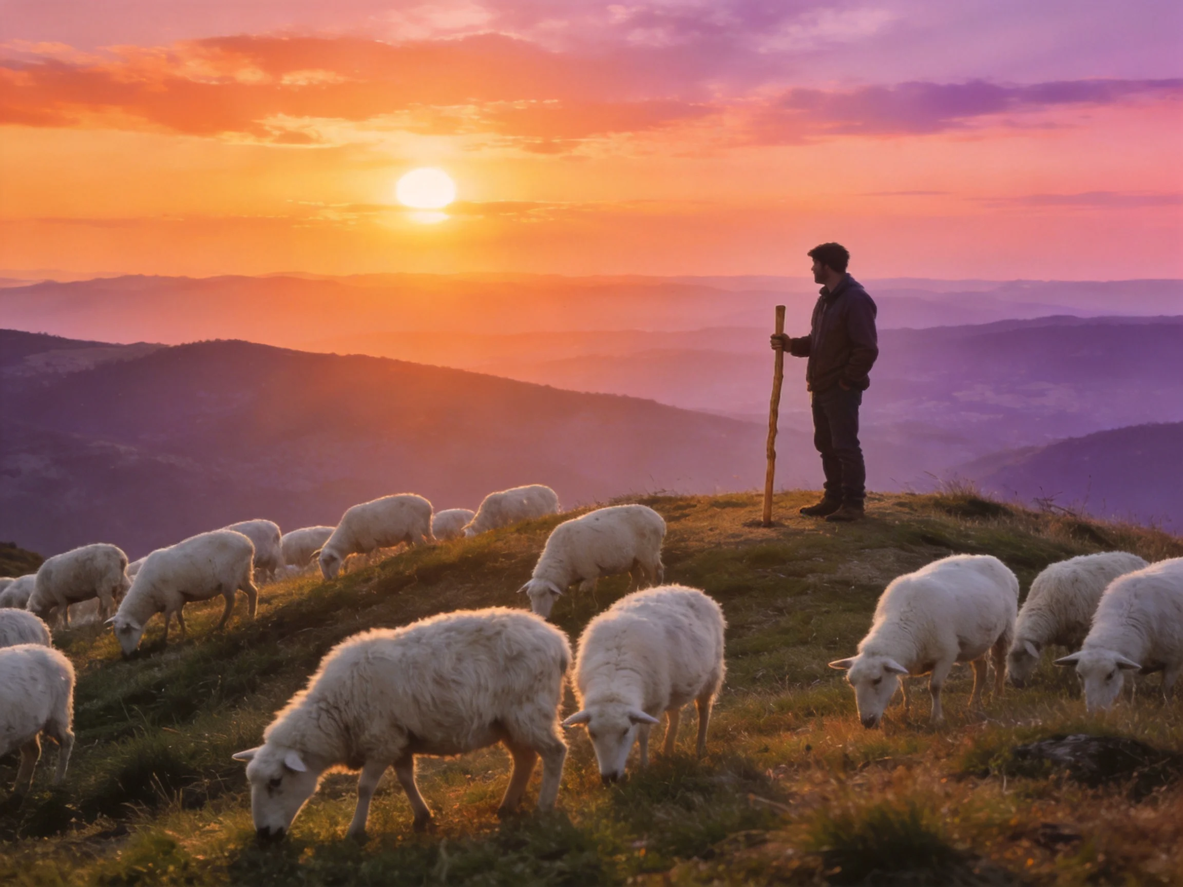 Shepherd and flock on mountain slope under glowing sunset