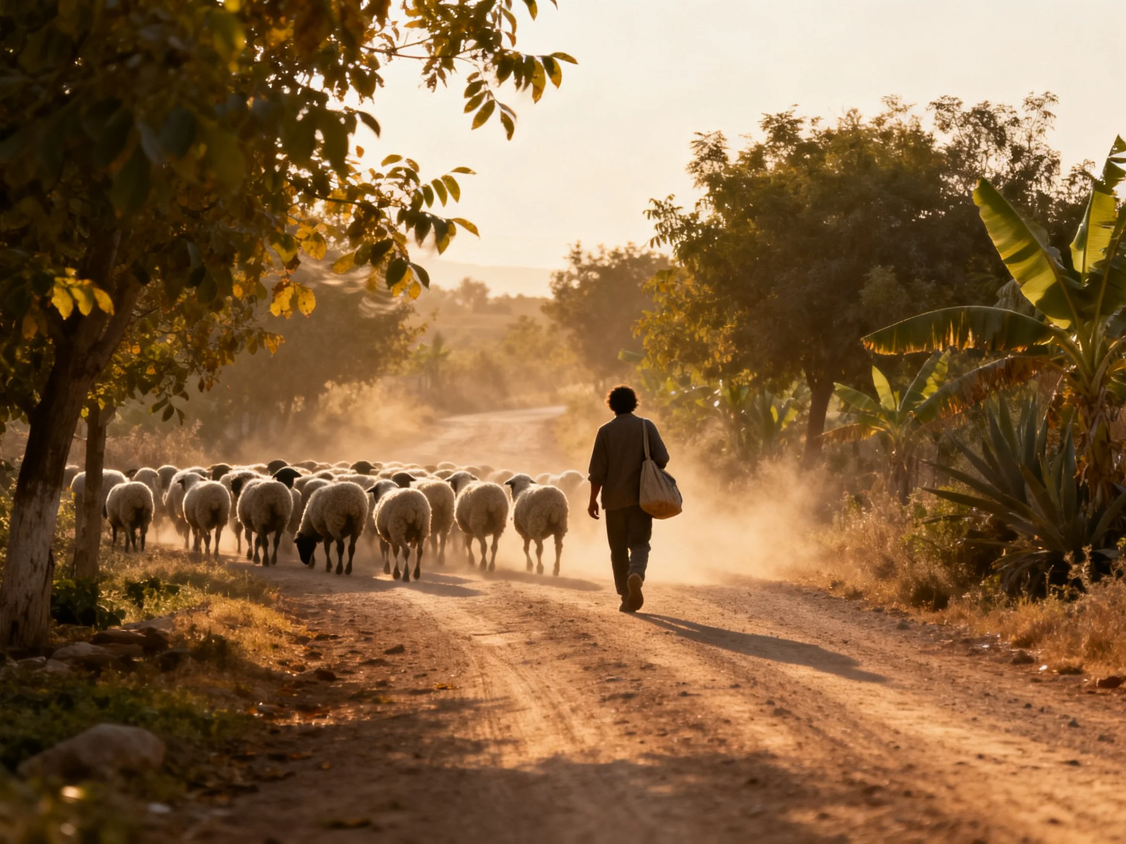 Shepherd guiding flock along dusty country road at sunset