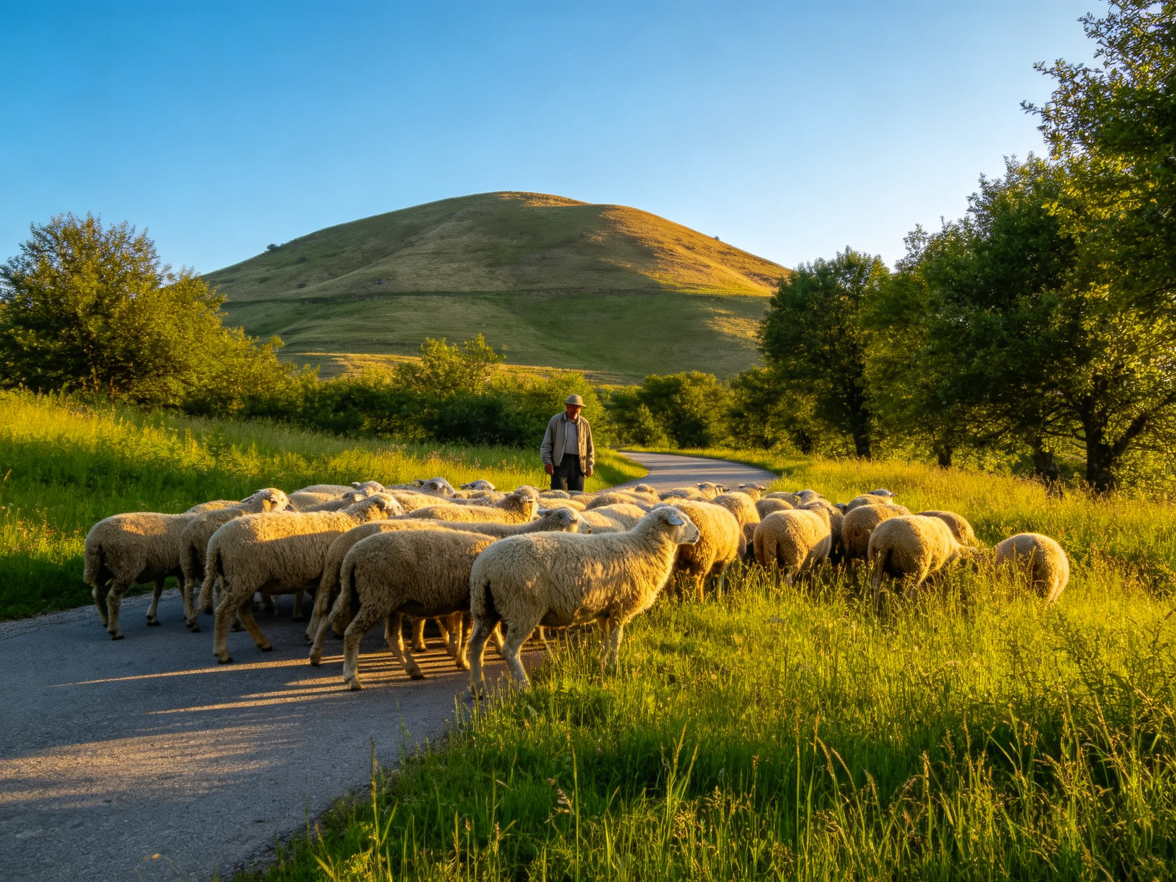 Shepherd guiding flock along sunlit rural road near rolling hill