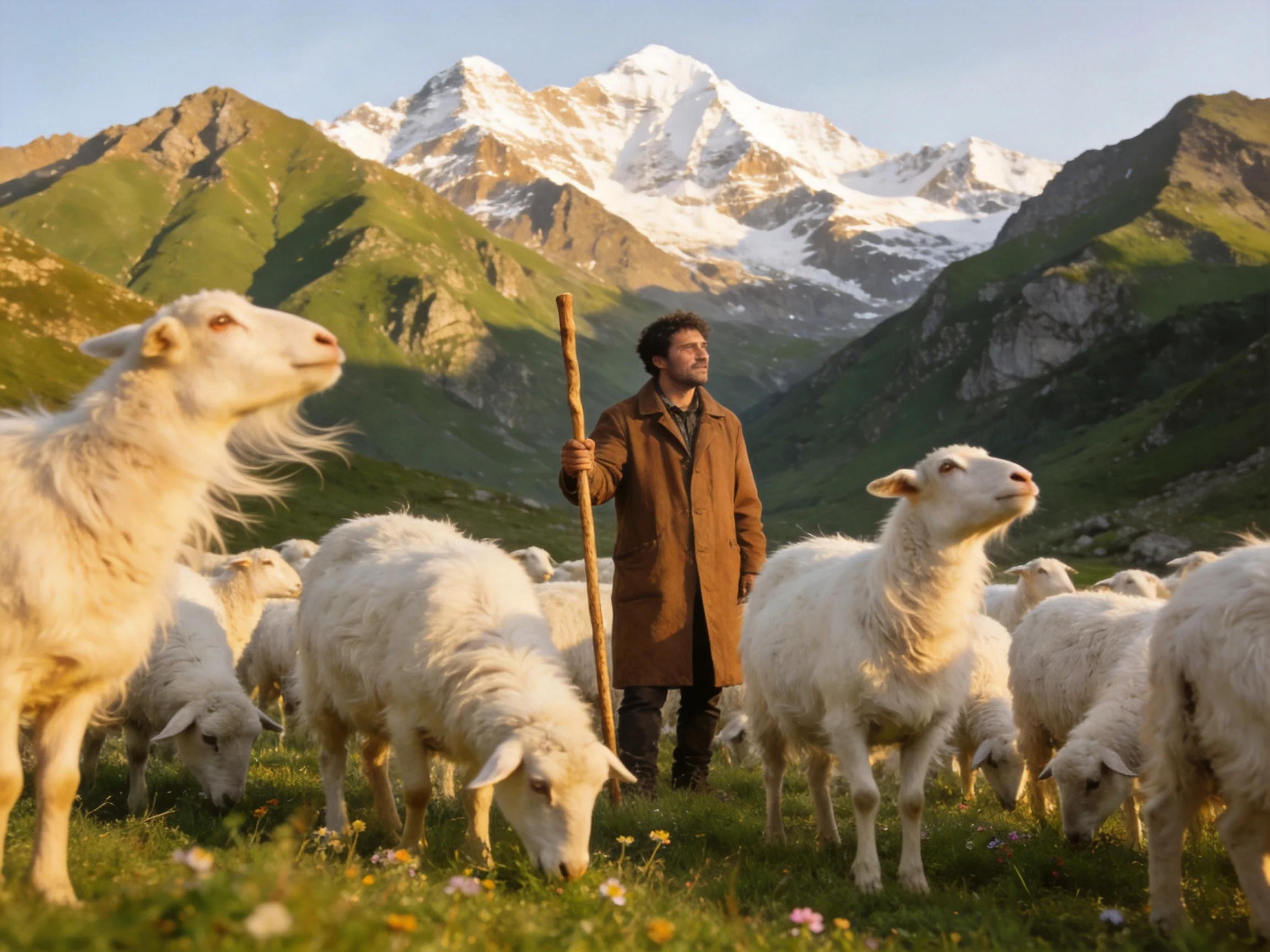 Shepherd guiding flock in lush valley with snow-capped mountains