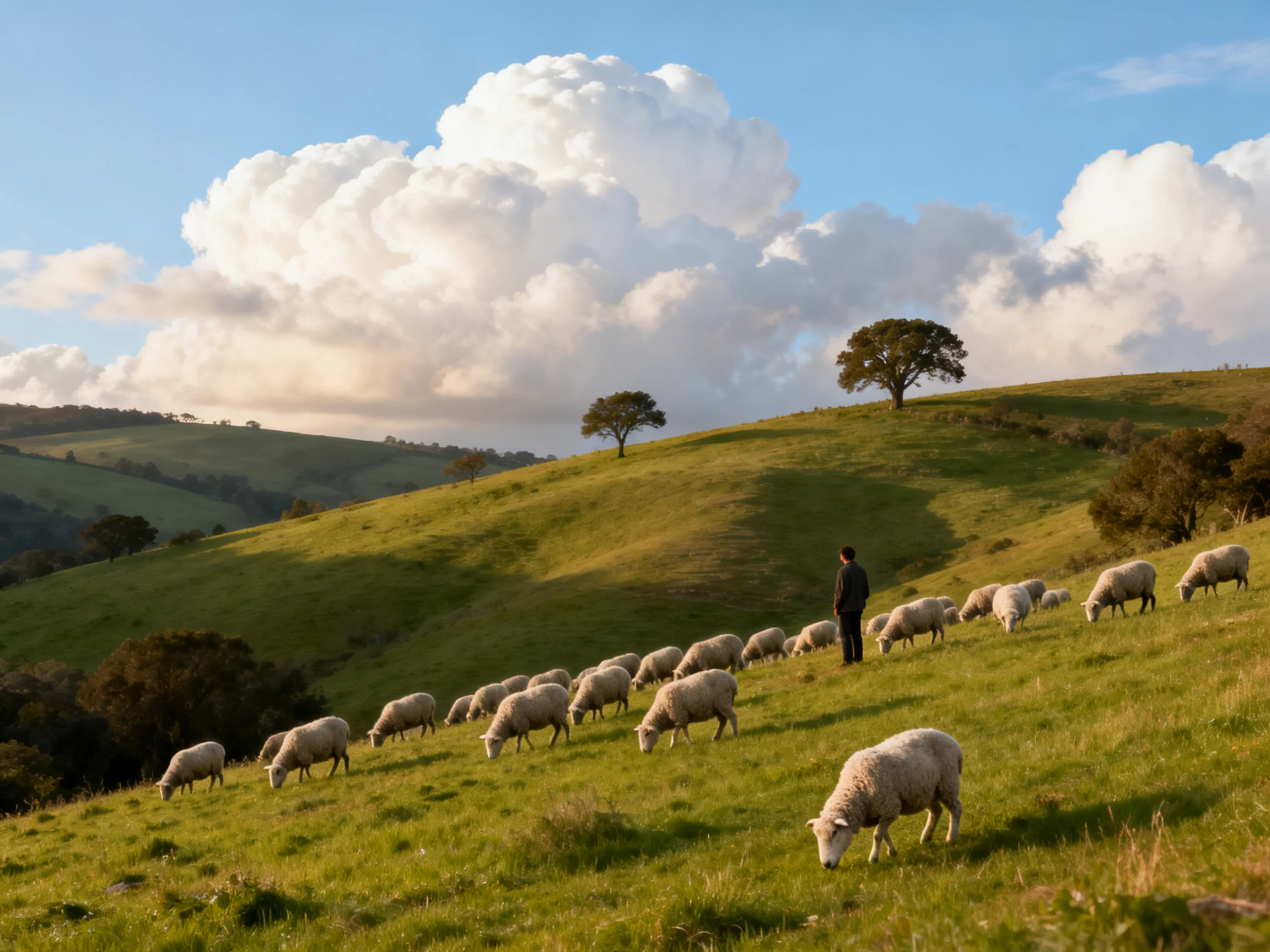 Shepherd guiding flock of sheep on rolling green hills beneath large clouds