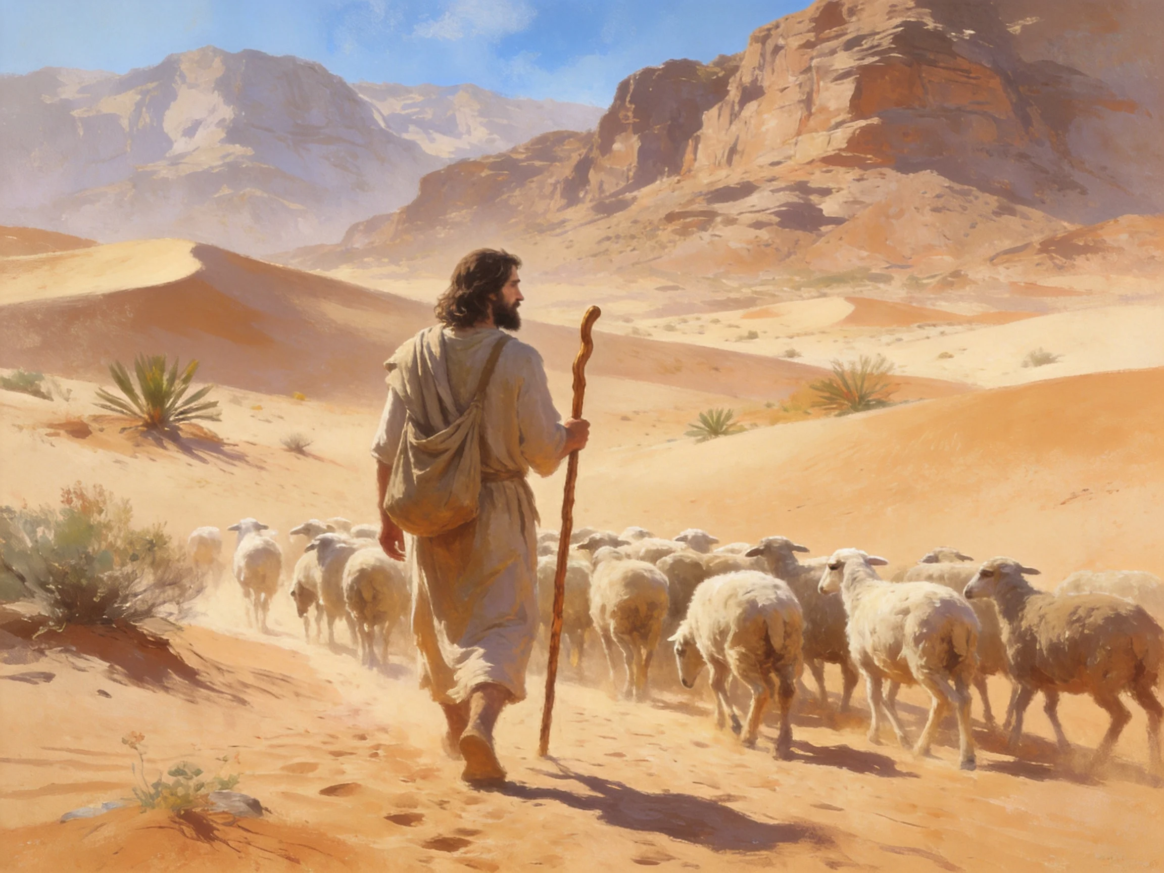 Shepherd guiding sheep through sunlit desert terrain
