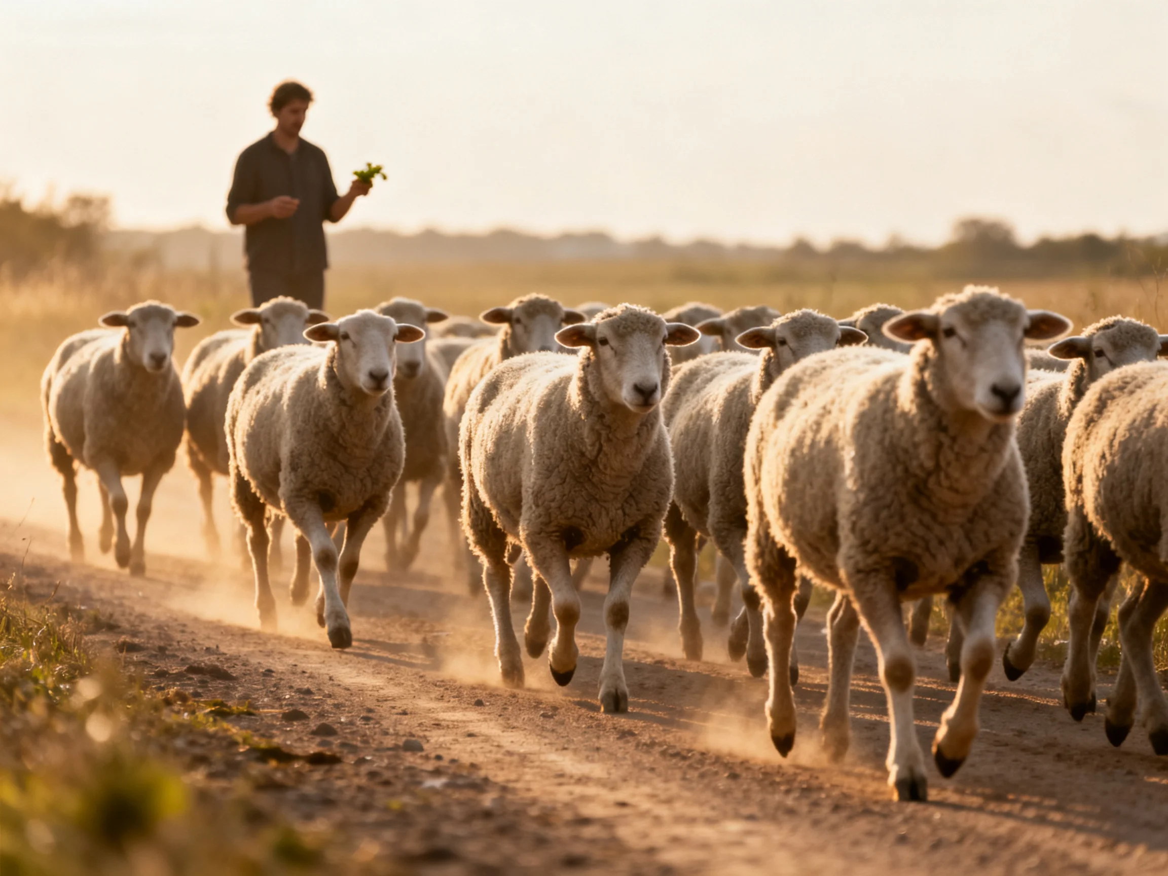 Shepherd herding sheep along dusty rural path at golden hour