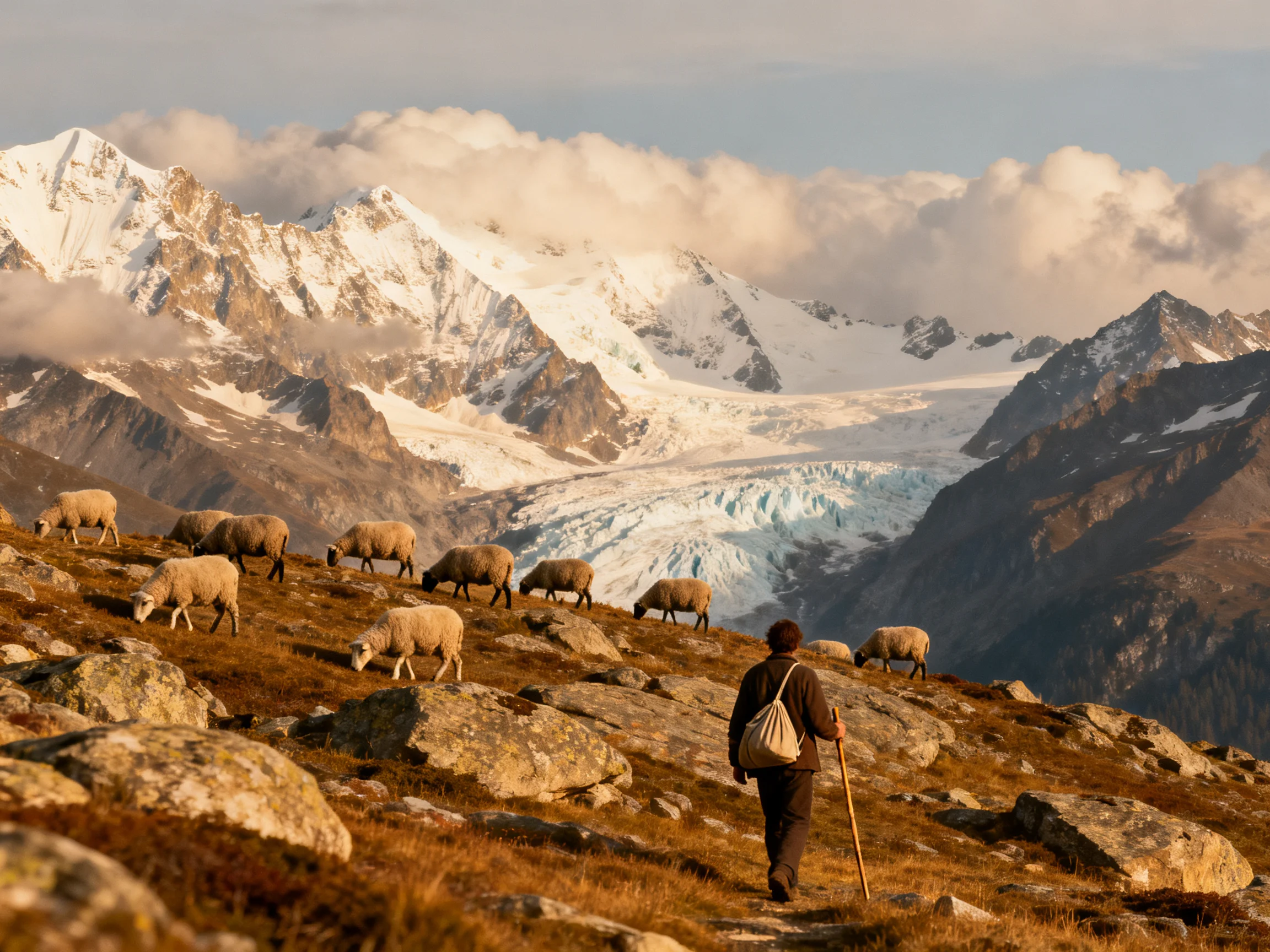 Shepherd herding sheep near majestic snow - covered mountain peaks
