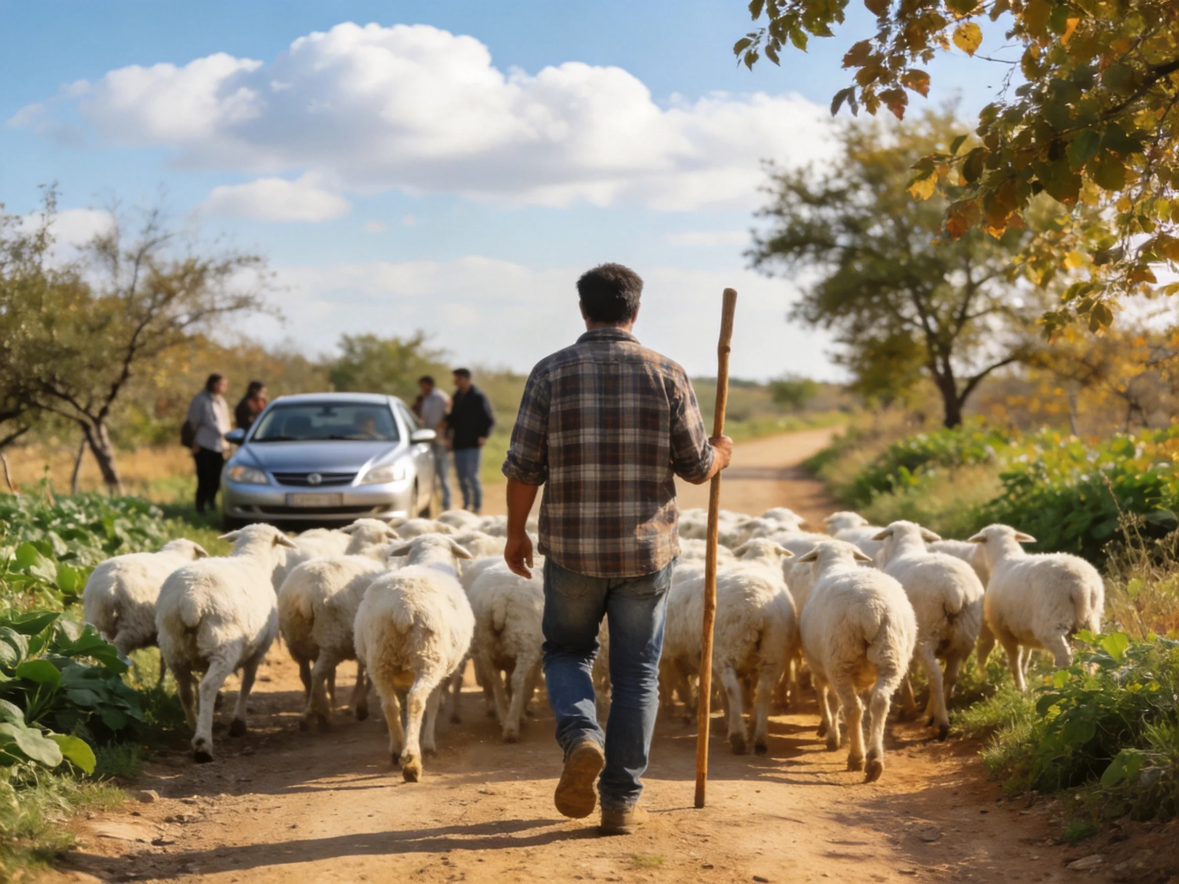 Shepherd herds white sheep toward silver car on dirt road