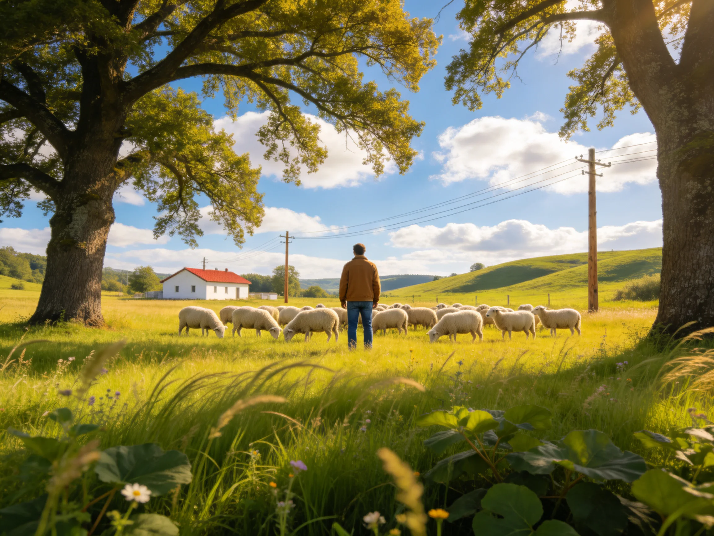 Shepherd with flock near giant oak trees and white farmhouse