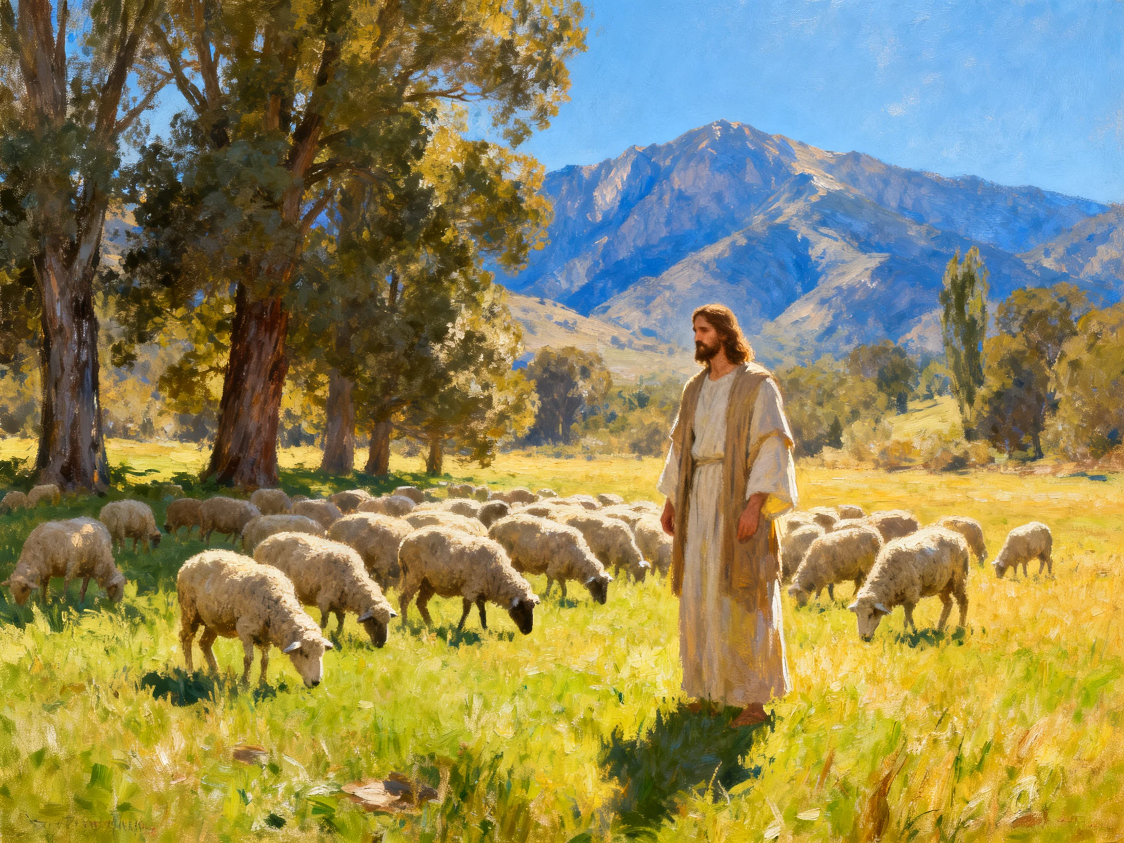 Shepherd with numerous sheep in sun-drenched mountain pasture