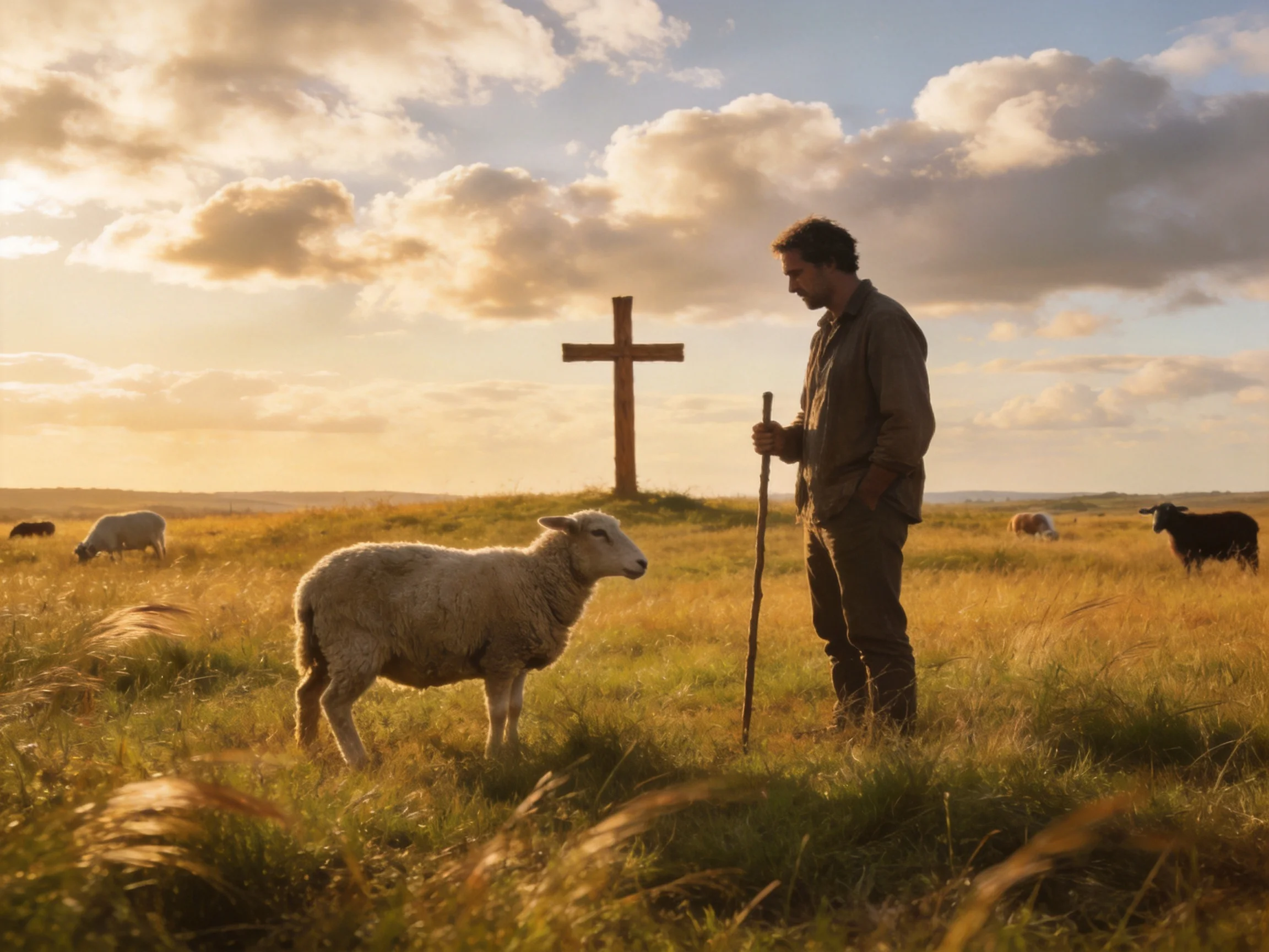 Shepherd with staff near sheep by wooden cross in golden field