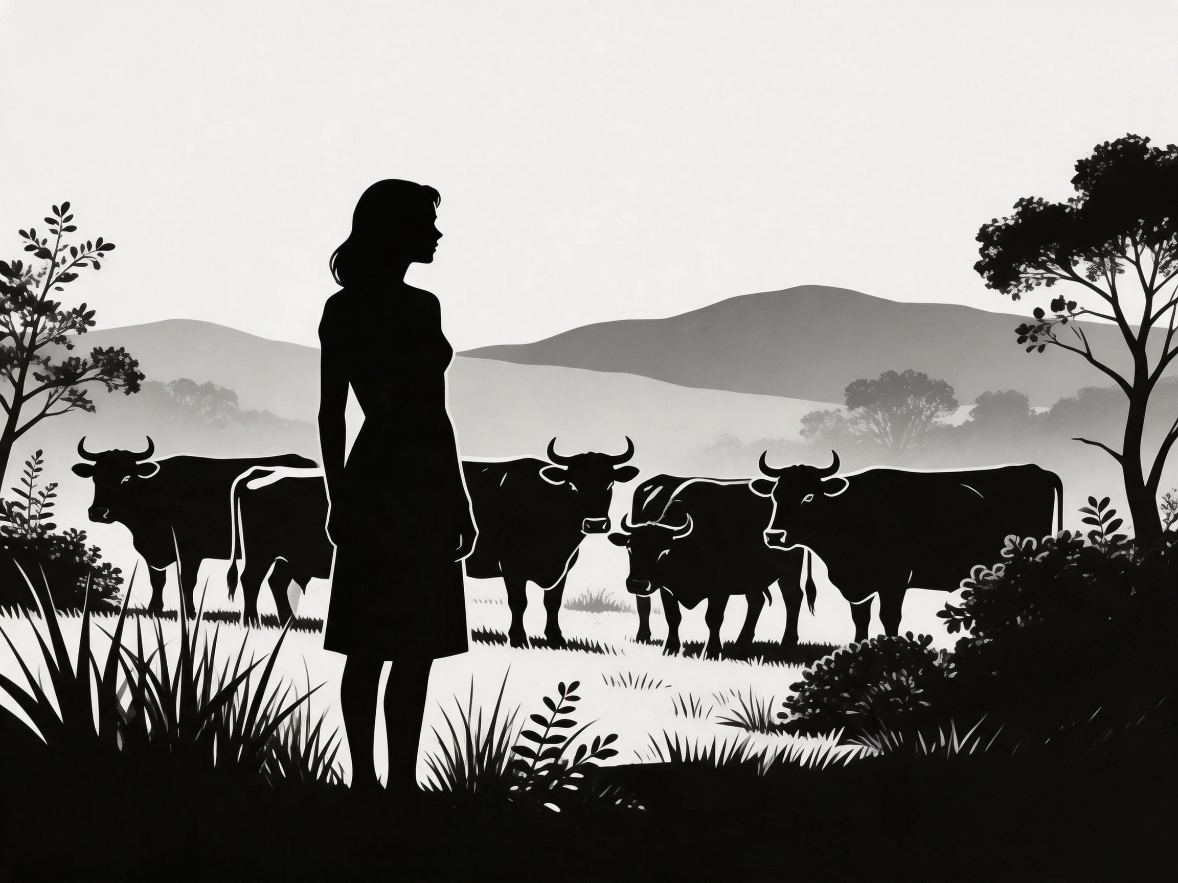 Silhouetted Woman Among Cows in Grassy Landscape with Hills